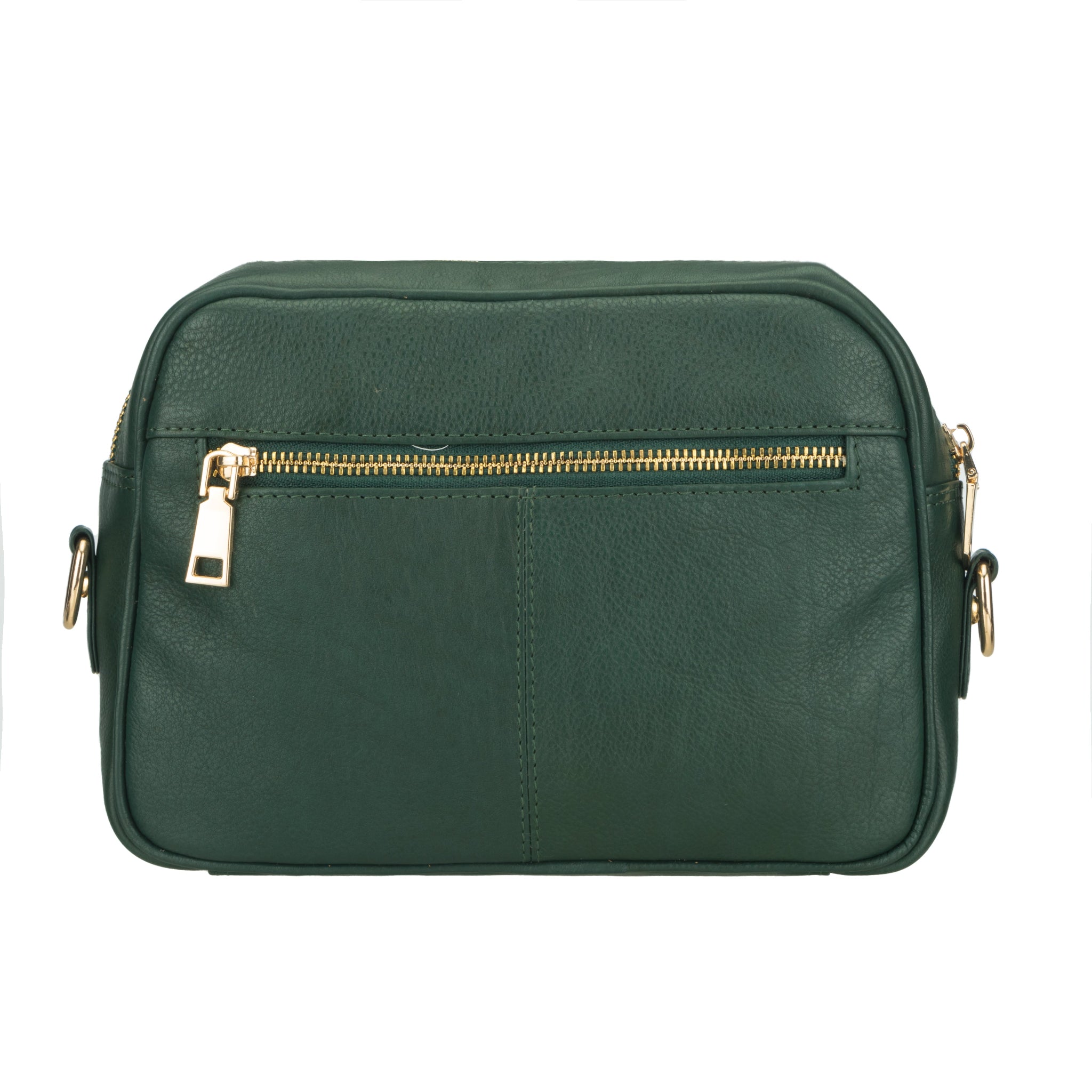 Back view of a Forest green Minori leather crossbody bag featuring a horizontal zippered pocket and smooth leather finish.