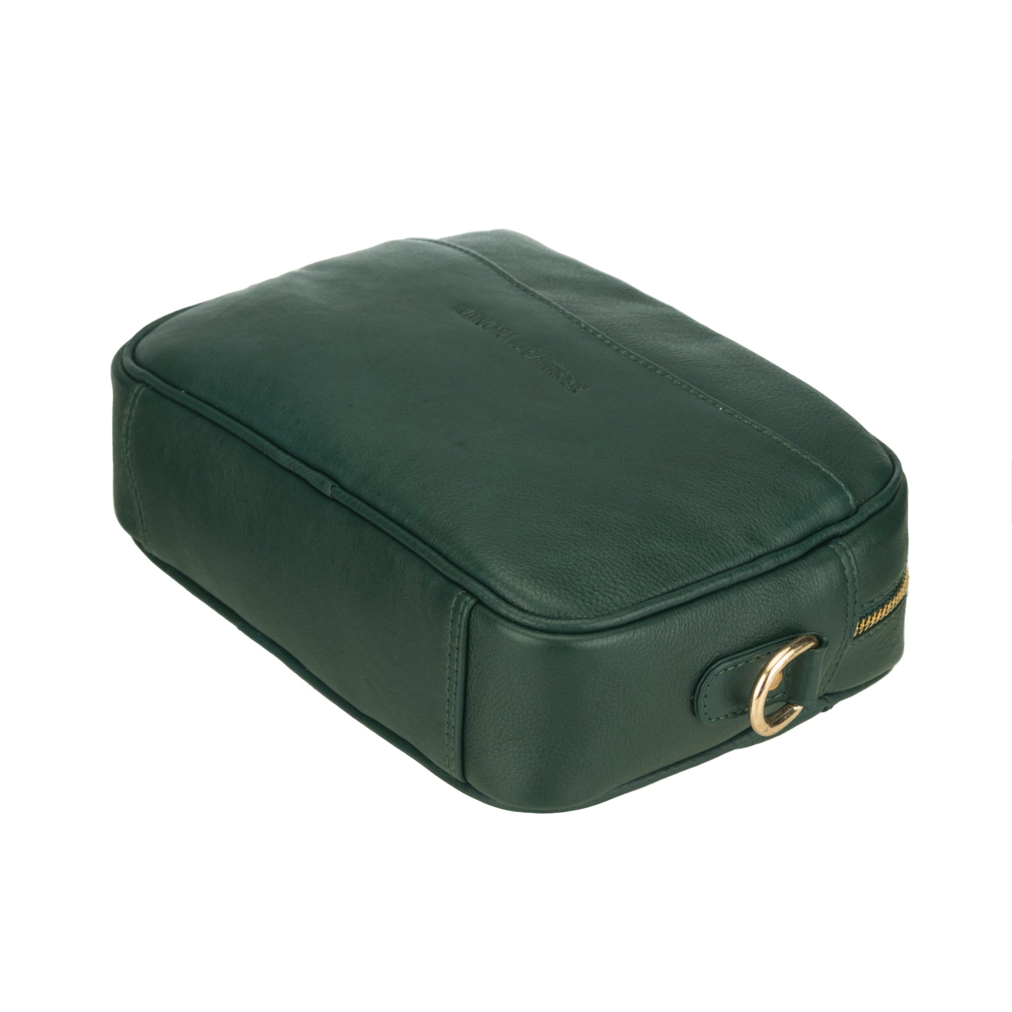 Flat view of Forest Green Minori leather Crossbody bag with a gold buckle on a white background