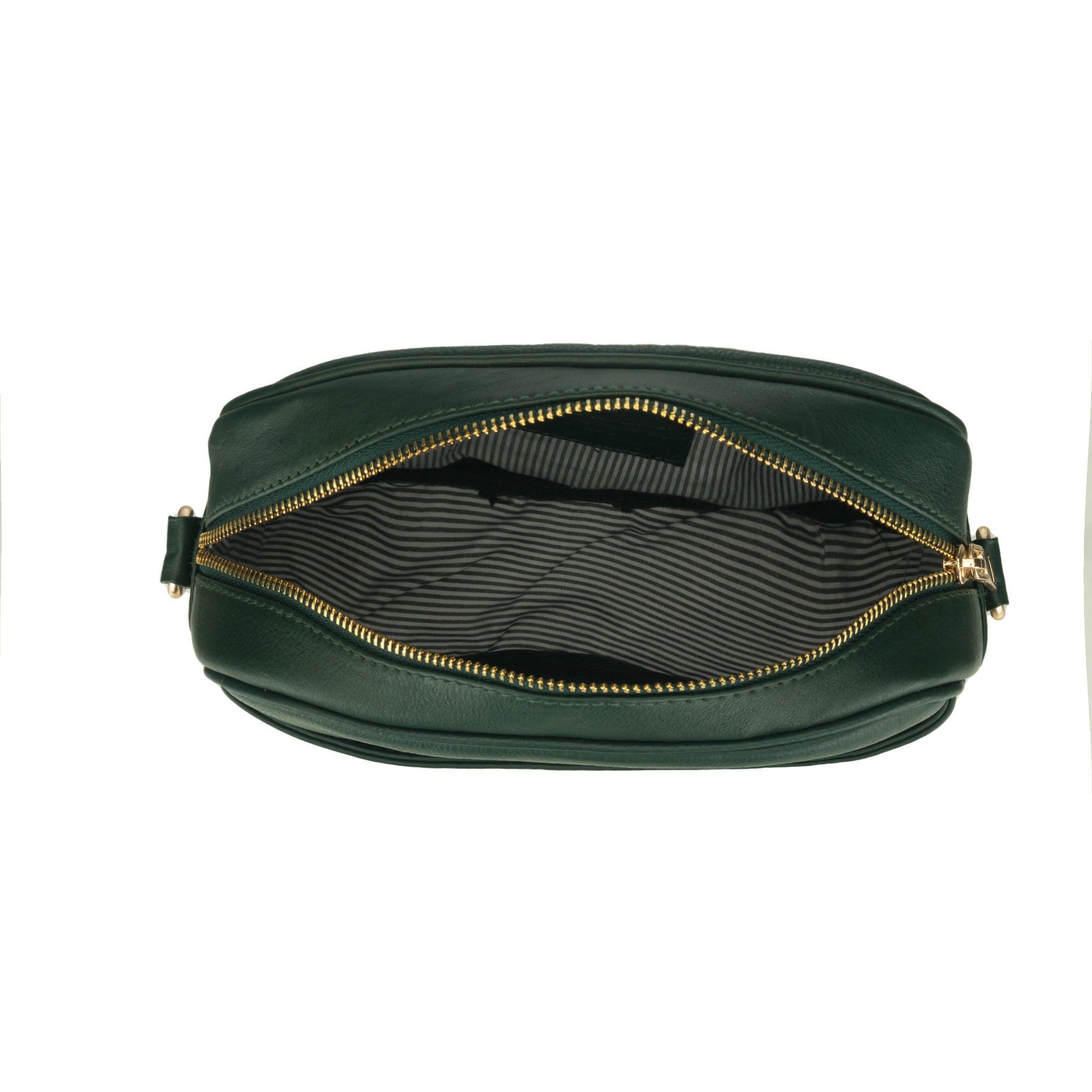 Top view of the Forest green Minori leather crossbody bag with the main zipper open, revealing a striped interior lining.