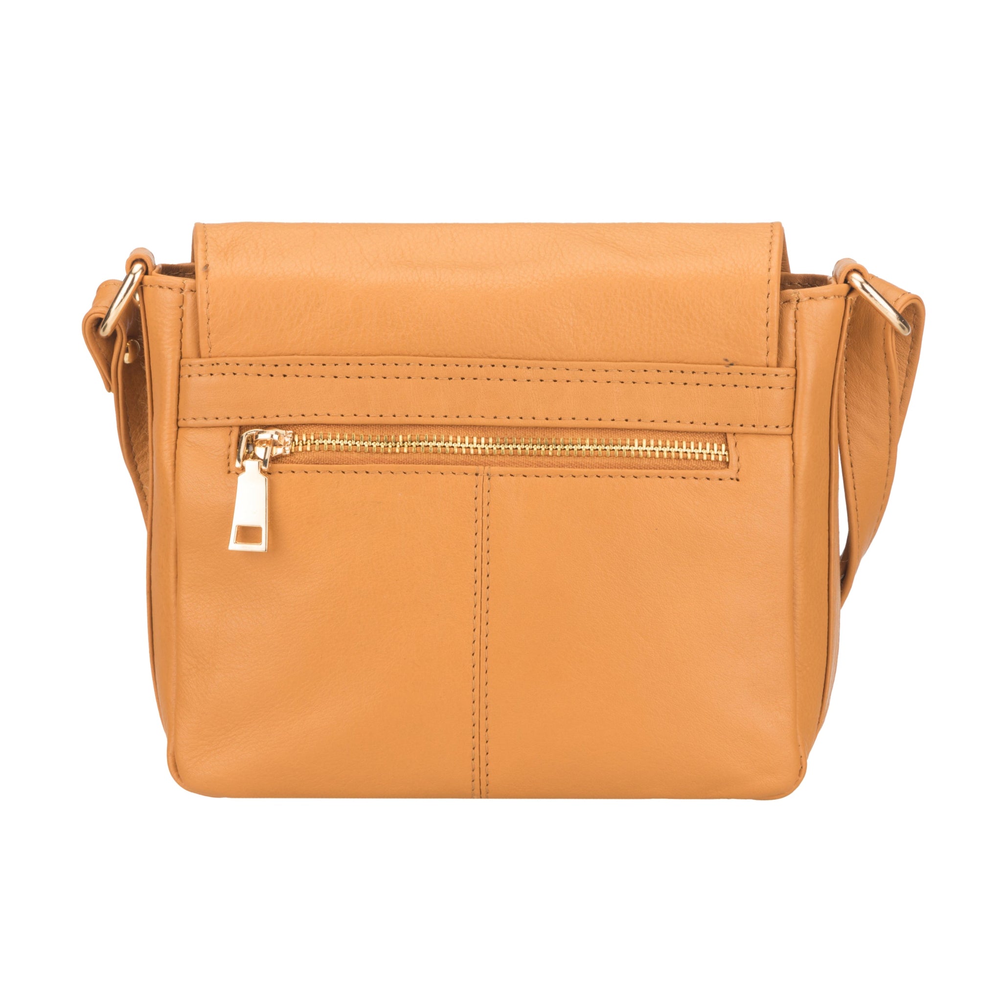 Tan Minori leather handbag with a gold zipper on a white background
