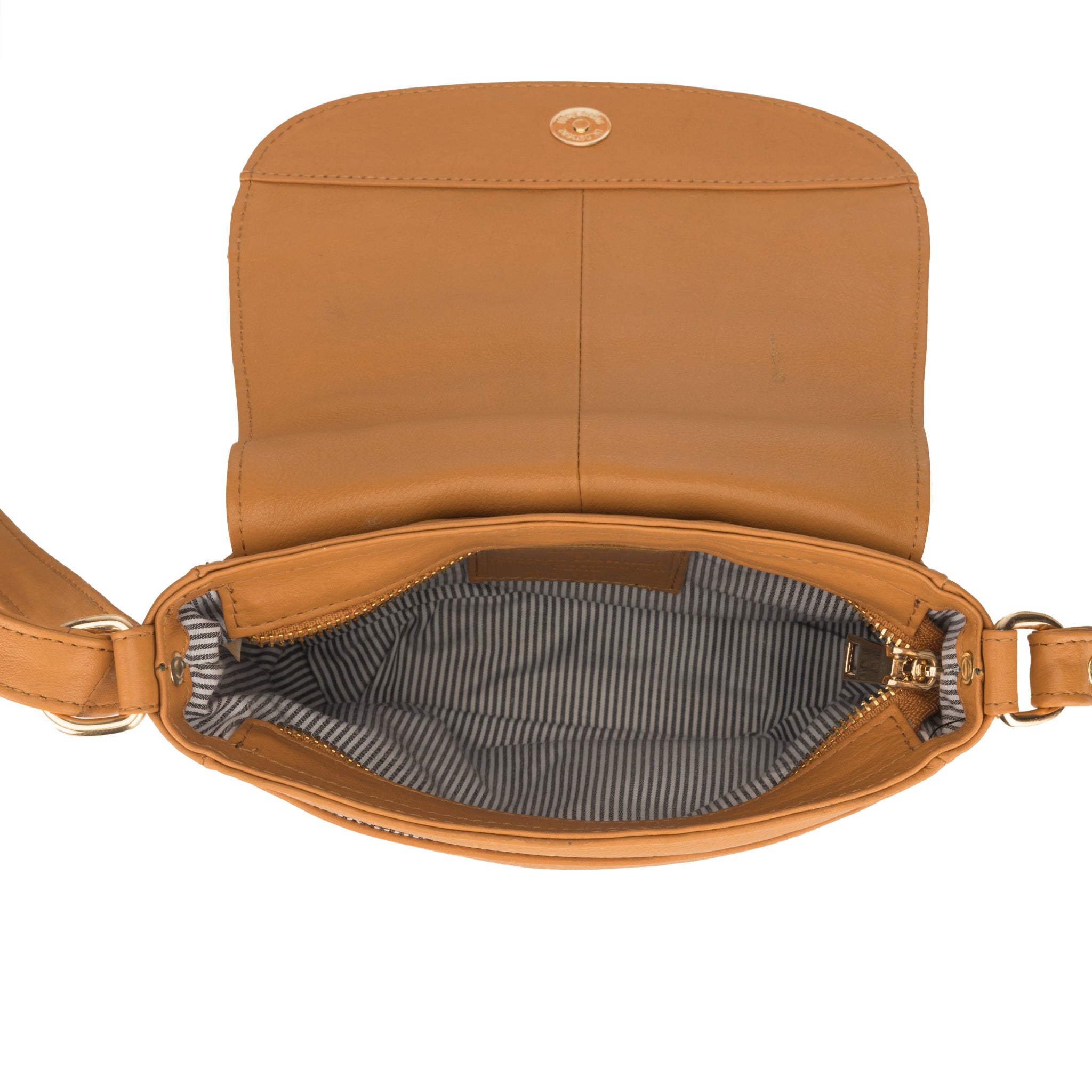 Tan Minori leather handbag with open flap showing interior on a white background