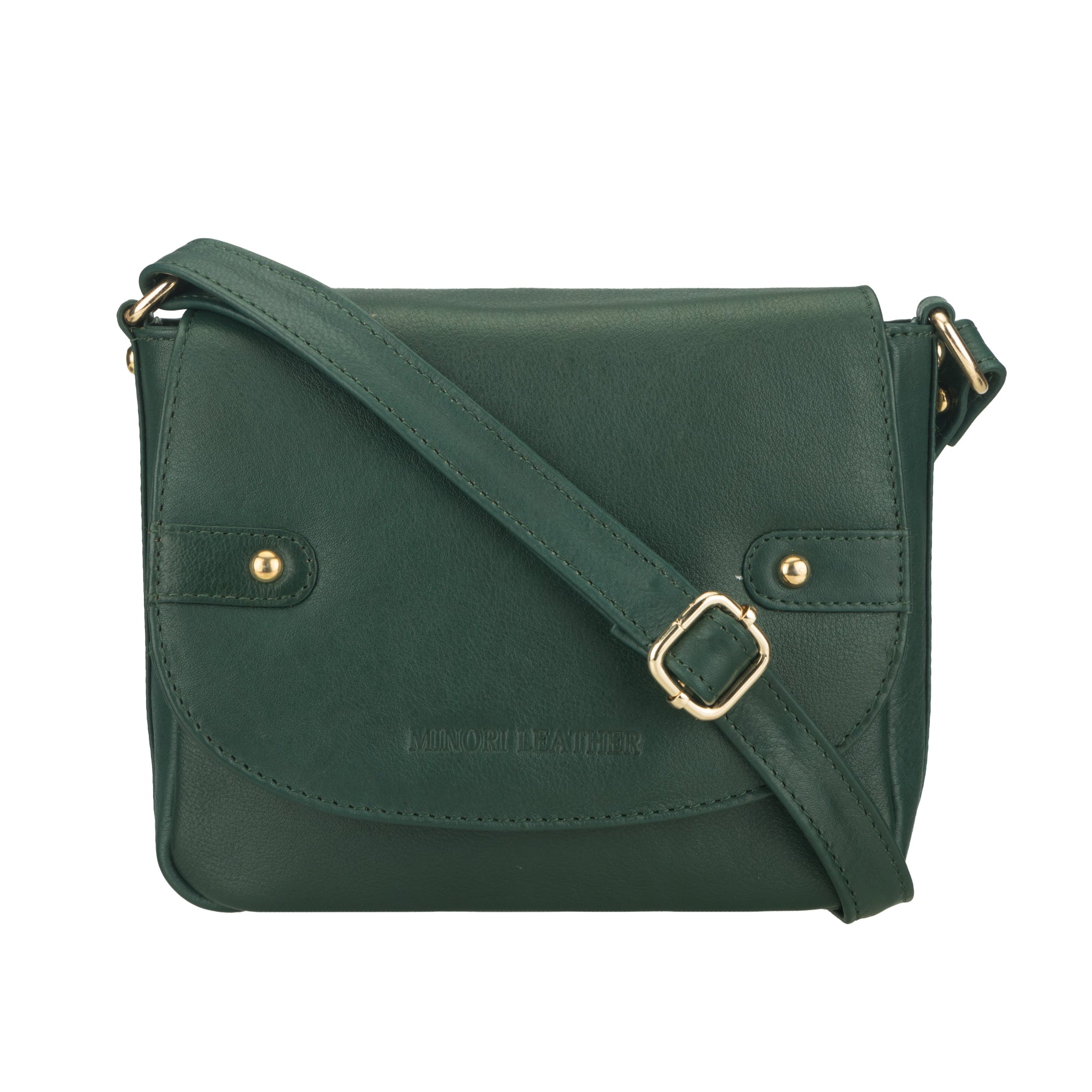 Forest Green Minori leather crossbody bag with gold buckle on a white background