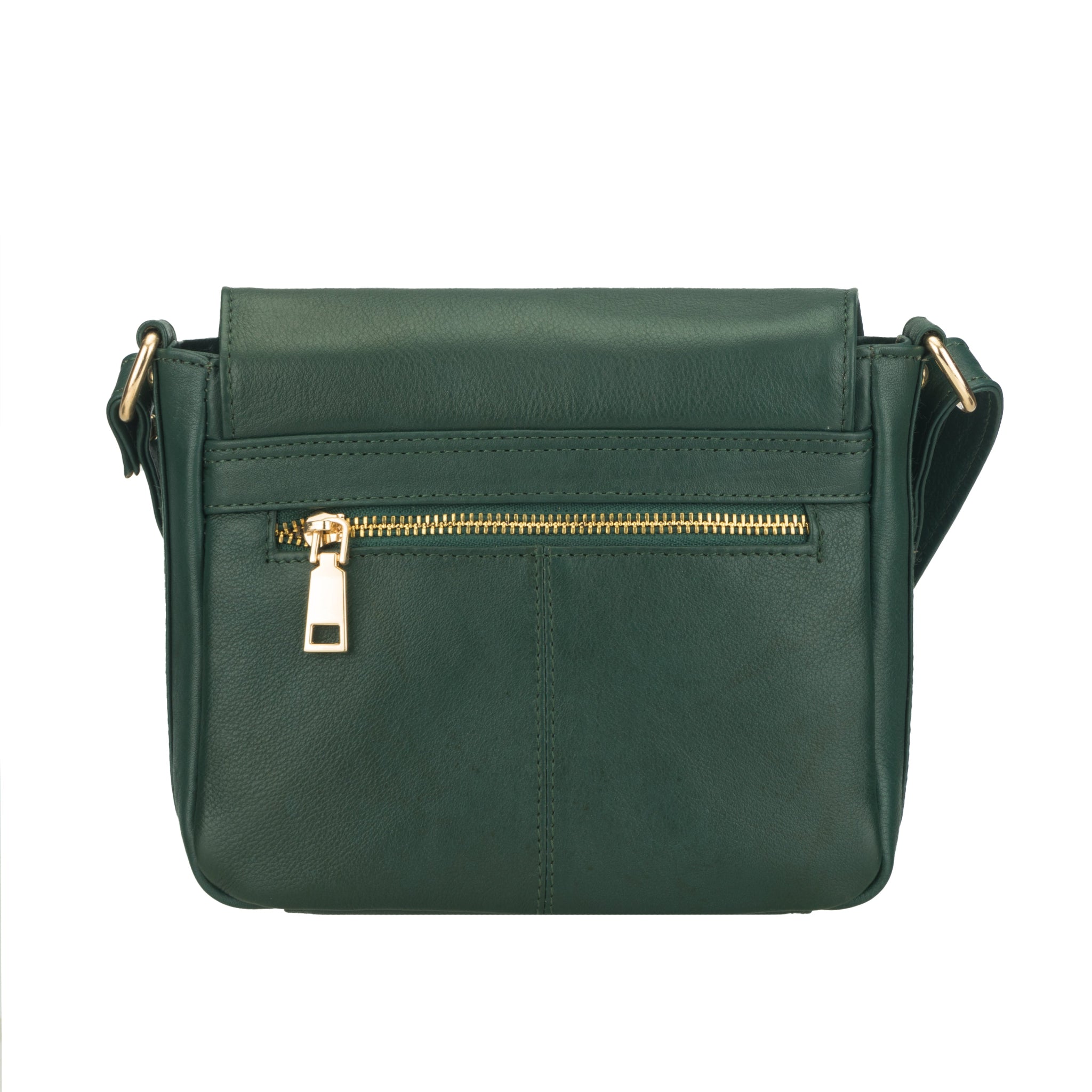 Back view of Forest Green Minori leather handbag with gold zipper on a white background