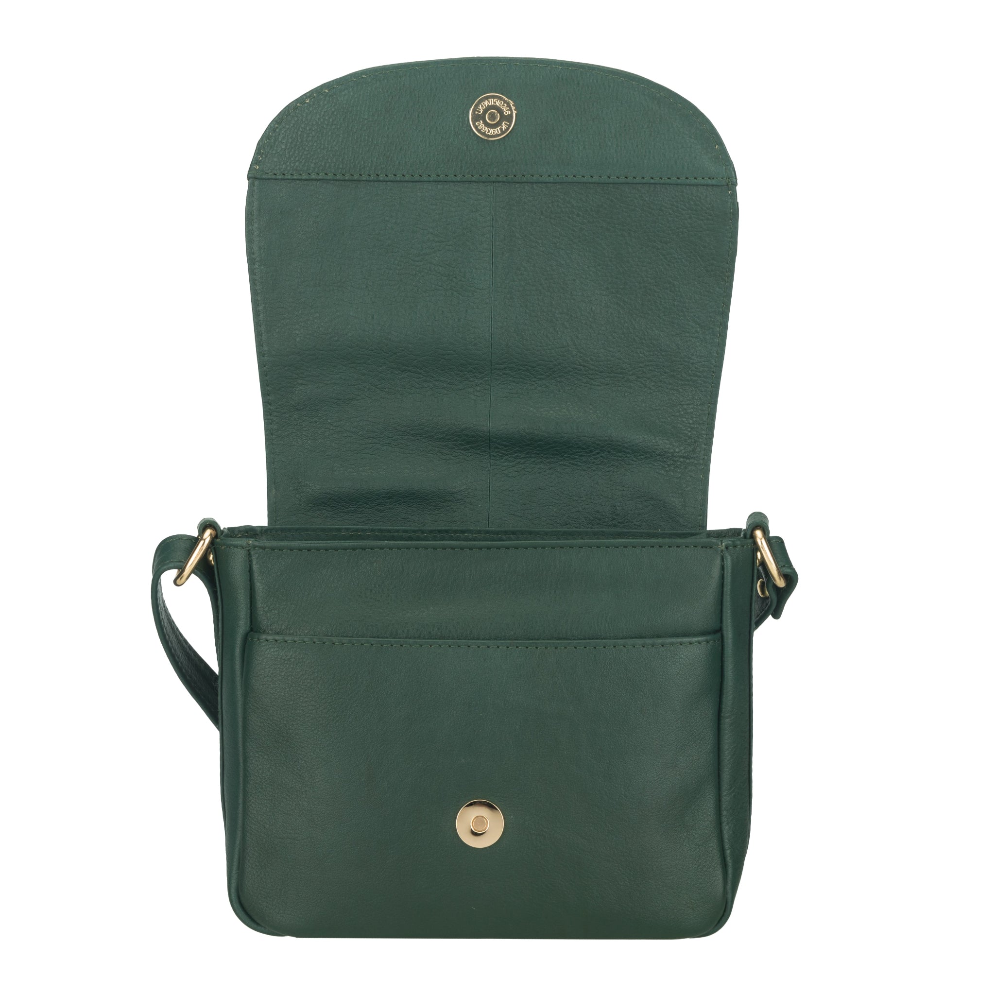 Open view of Forest Green Minori leather shoulder bag with gold accents on a white background