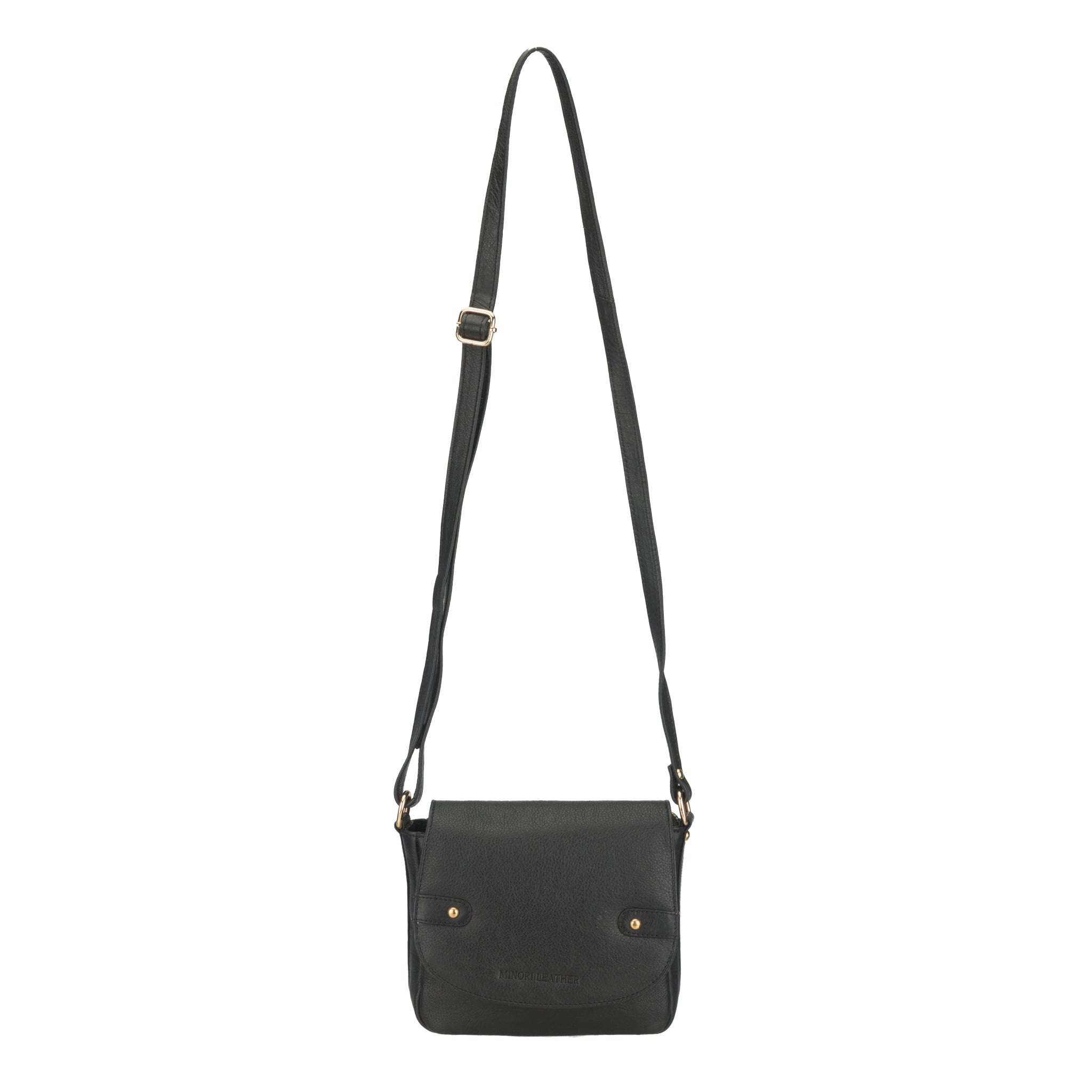 Black Minori leather crossbody bag with a strap on a white background