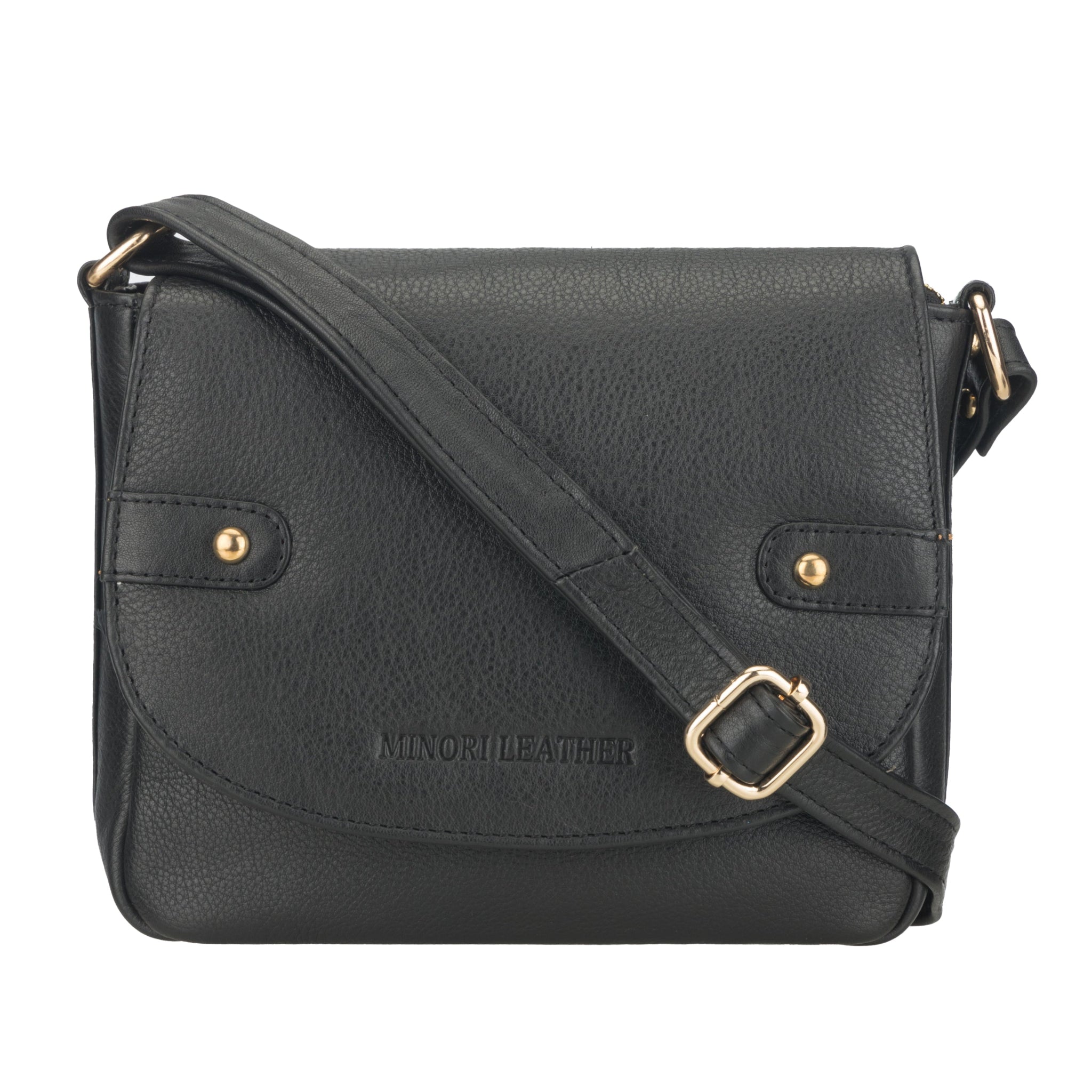 Black Minori leather crossbody bag with gold accents on a white background