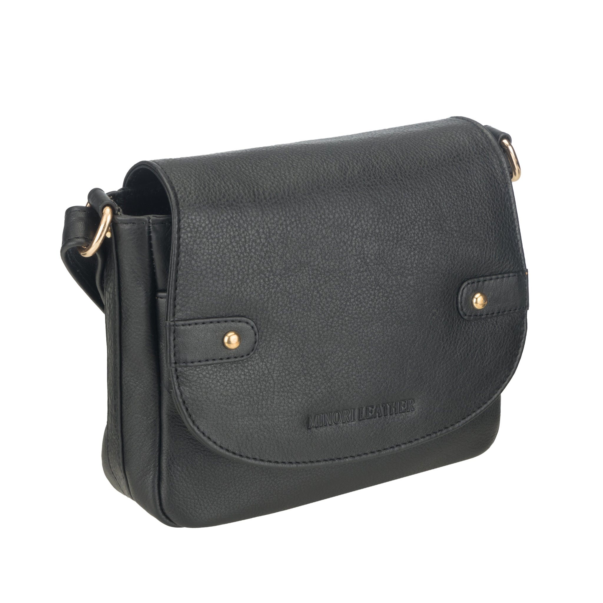 Angled view of Black Minori leather handbag with gold accents on a white background
