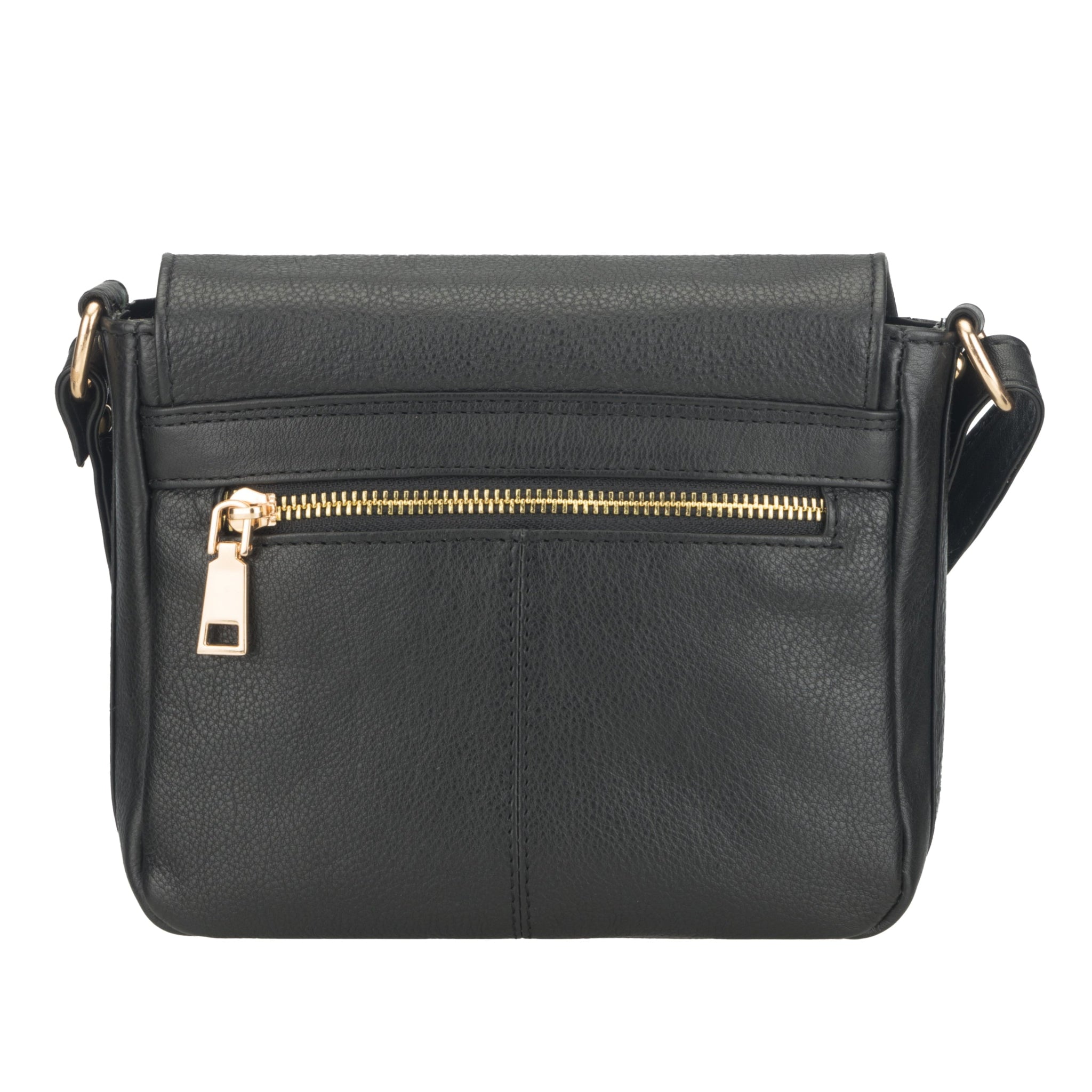 Back view of Black Minori leather handbag with gold zipper on a white background
