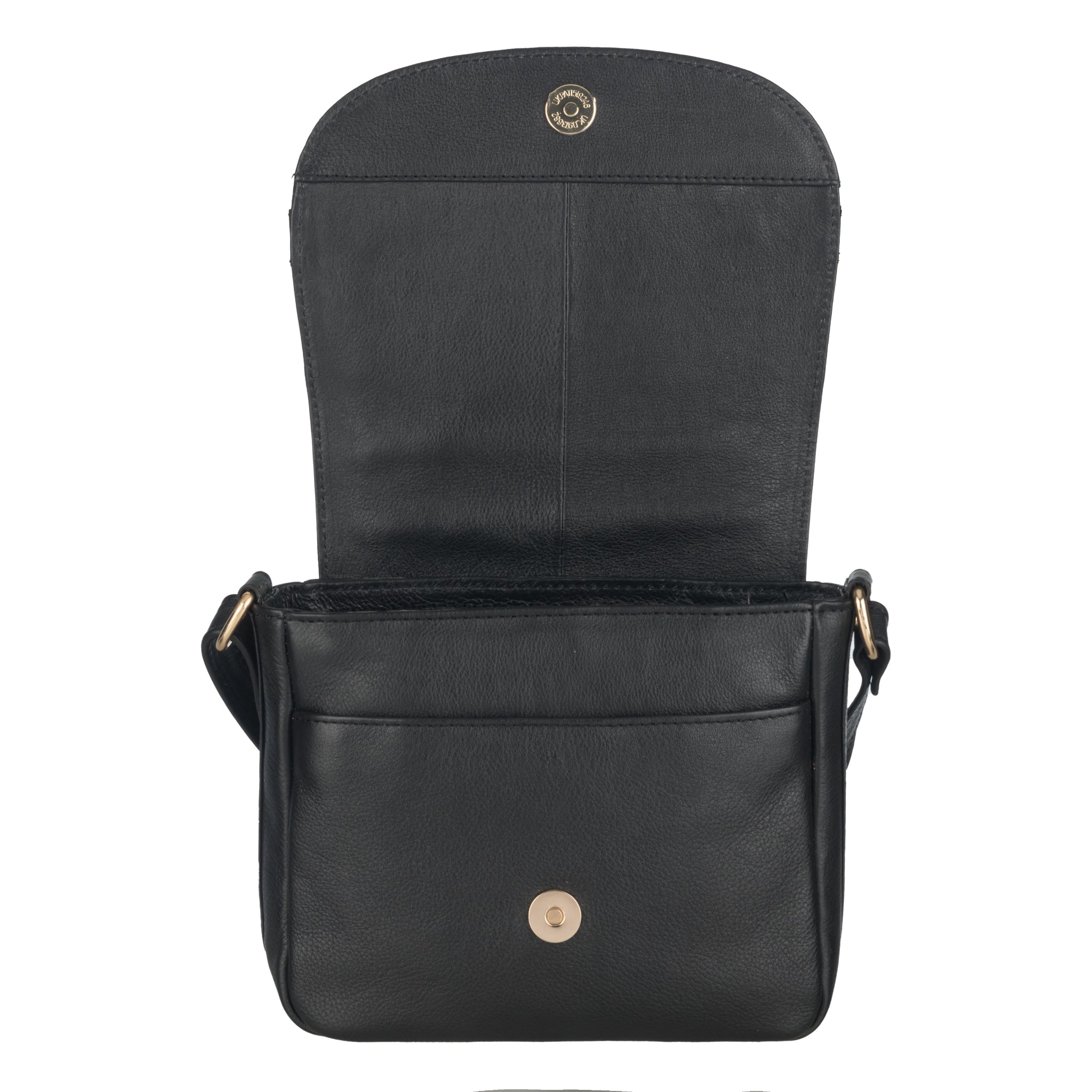 Black Minori leather crossbody bag with gold emblem on a white background