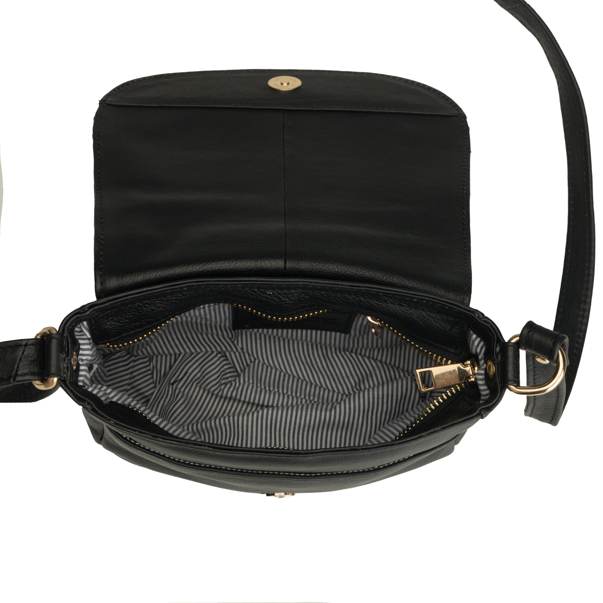 Top view of a black Minori leather crossbody bag with flap open, revealing a striped fabric interior and zippered compartment.