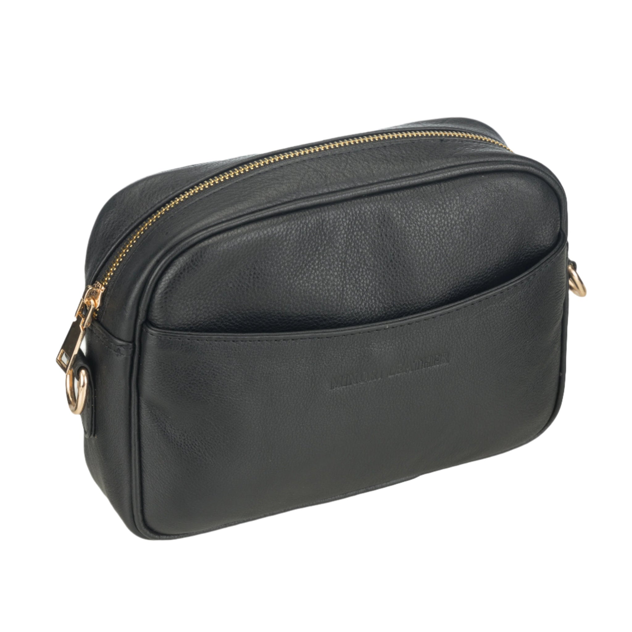 Angled view of a black Minori leather crossbody bag with a gold zipper and front curved slip pocket.