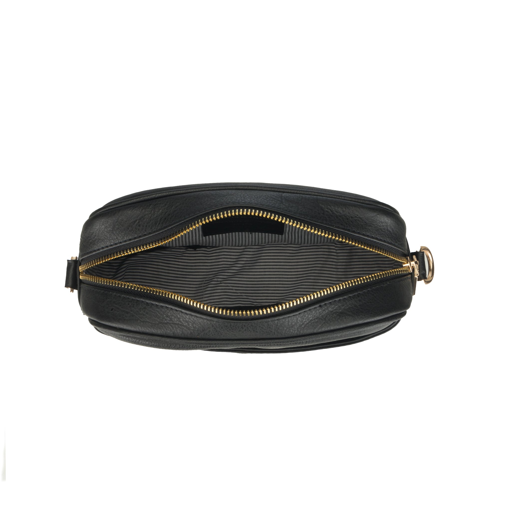 Top-down view of a black Minori leather crossbody bag with the main compartment unzipped, revealing a striped inner lining.