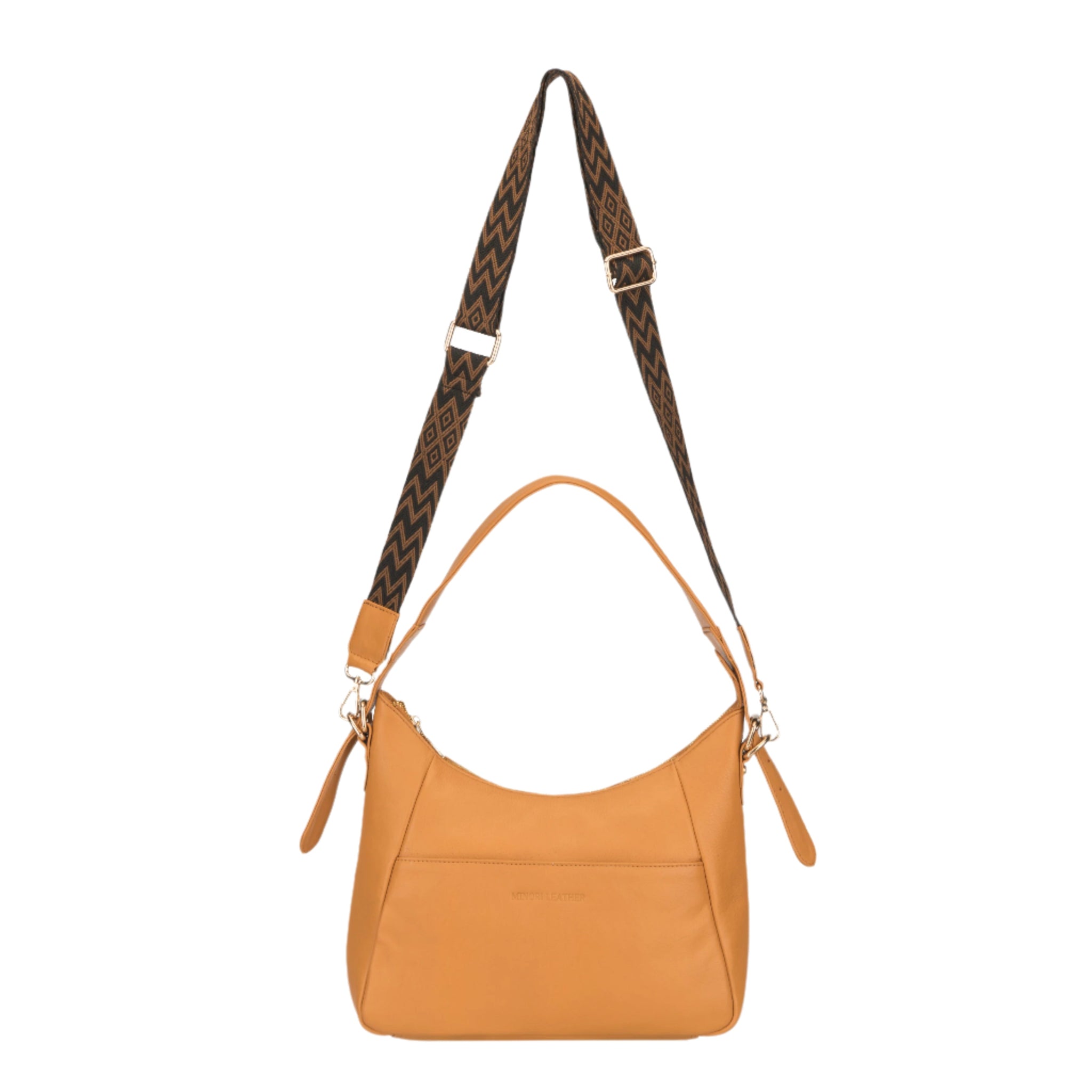 Tan nappa Minori leather shoulder bag with patterned adjustable strap, displayed upright.