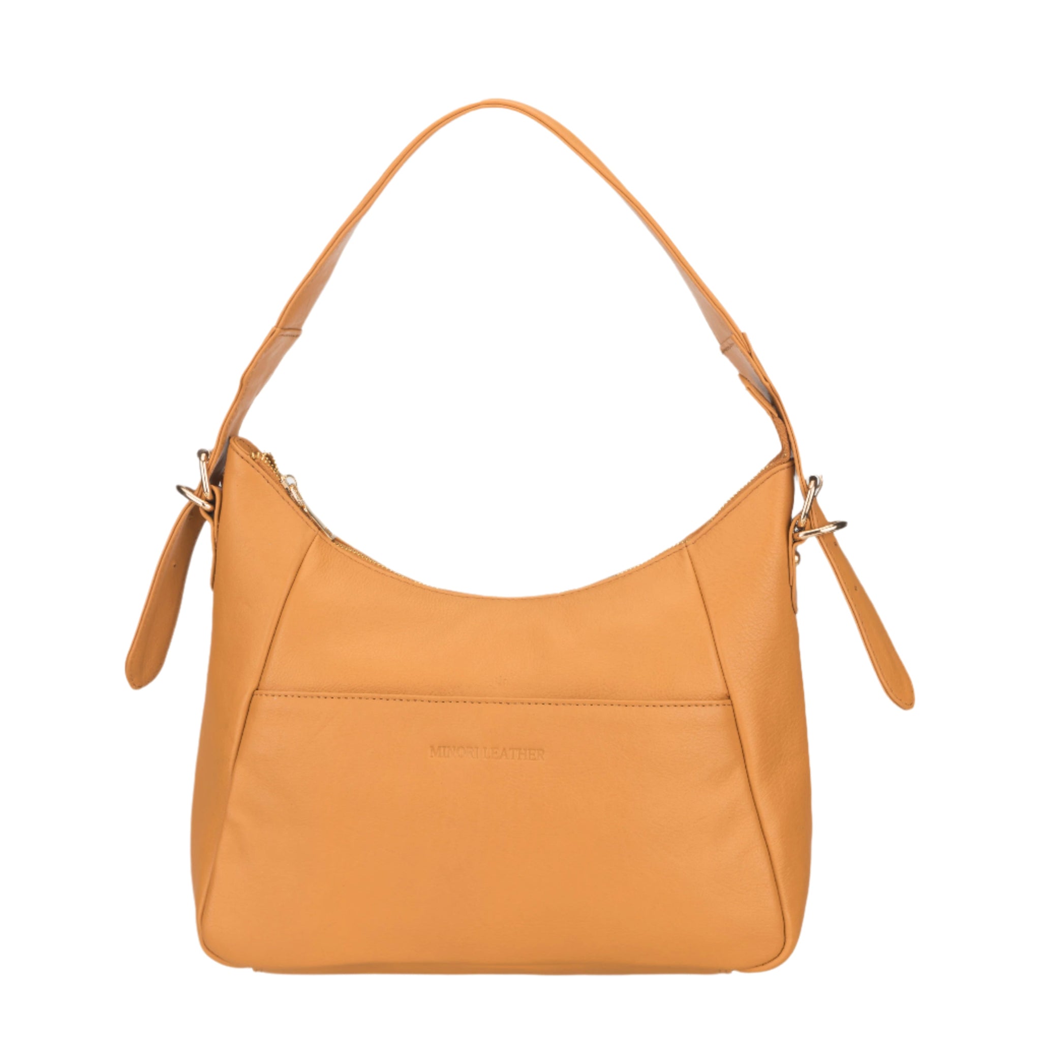 Front view of a tan nappa Minori leather shoulder bag with gold-tone zipper and smooth finish.