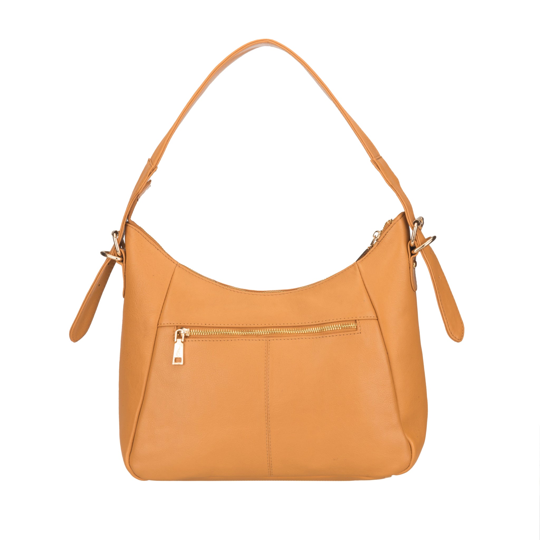 Back view of a Tan Minori leather handbag showing the smooth finish and curved top zipper opening.