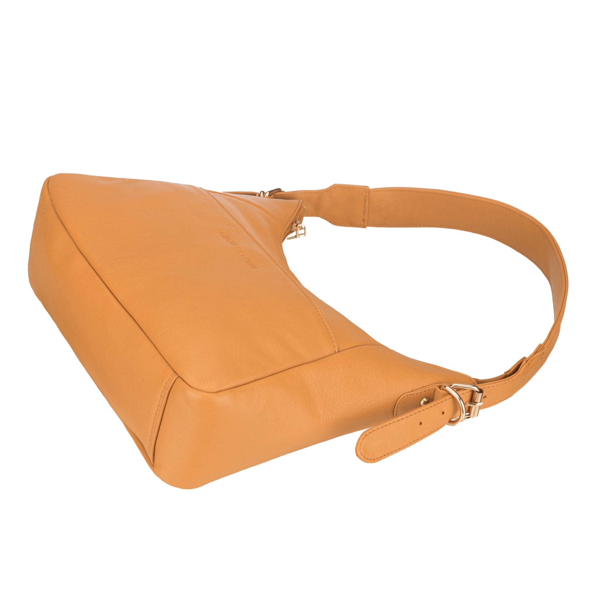 Bottom view of a Tan Minori leather handbag displaying the structured base and adjustable strap.