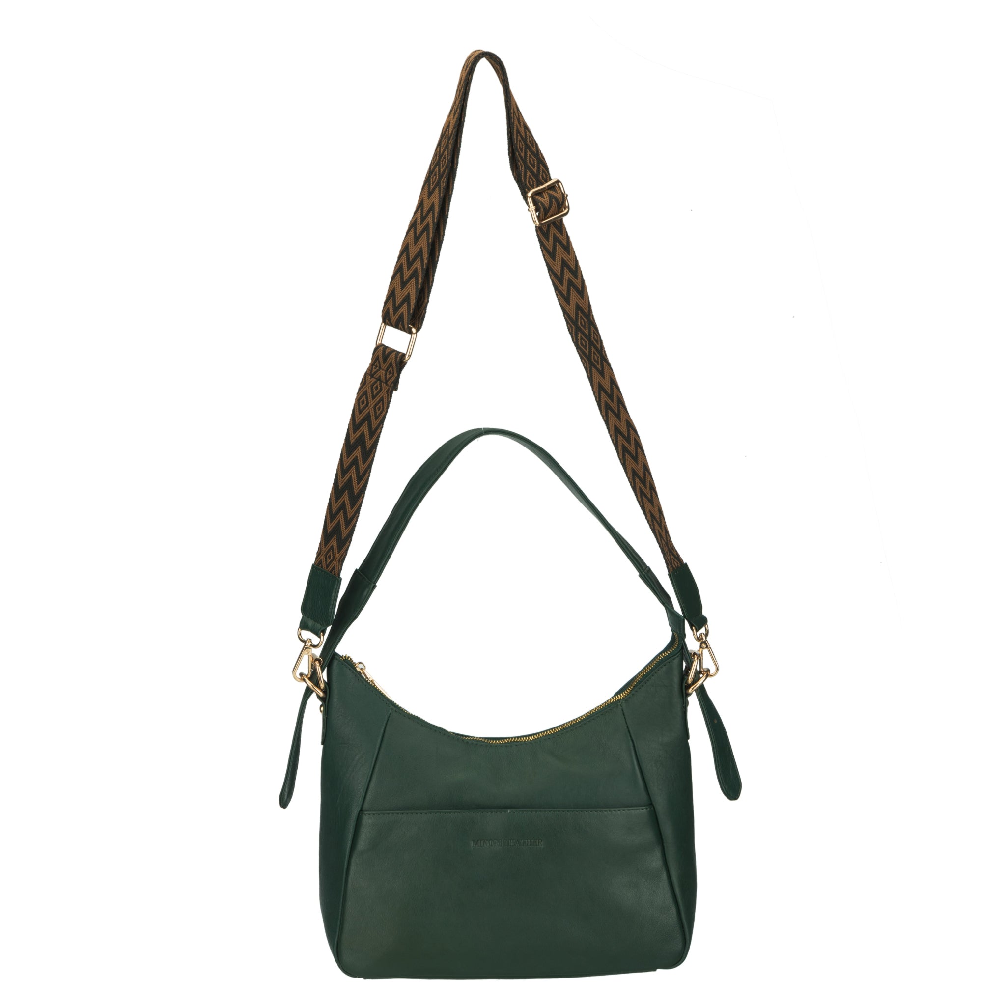 Forest Green nappa Minori leather shoulder bag with patterned adjustable strap, displayed upright.