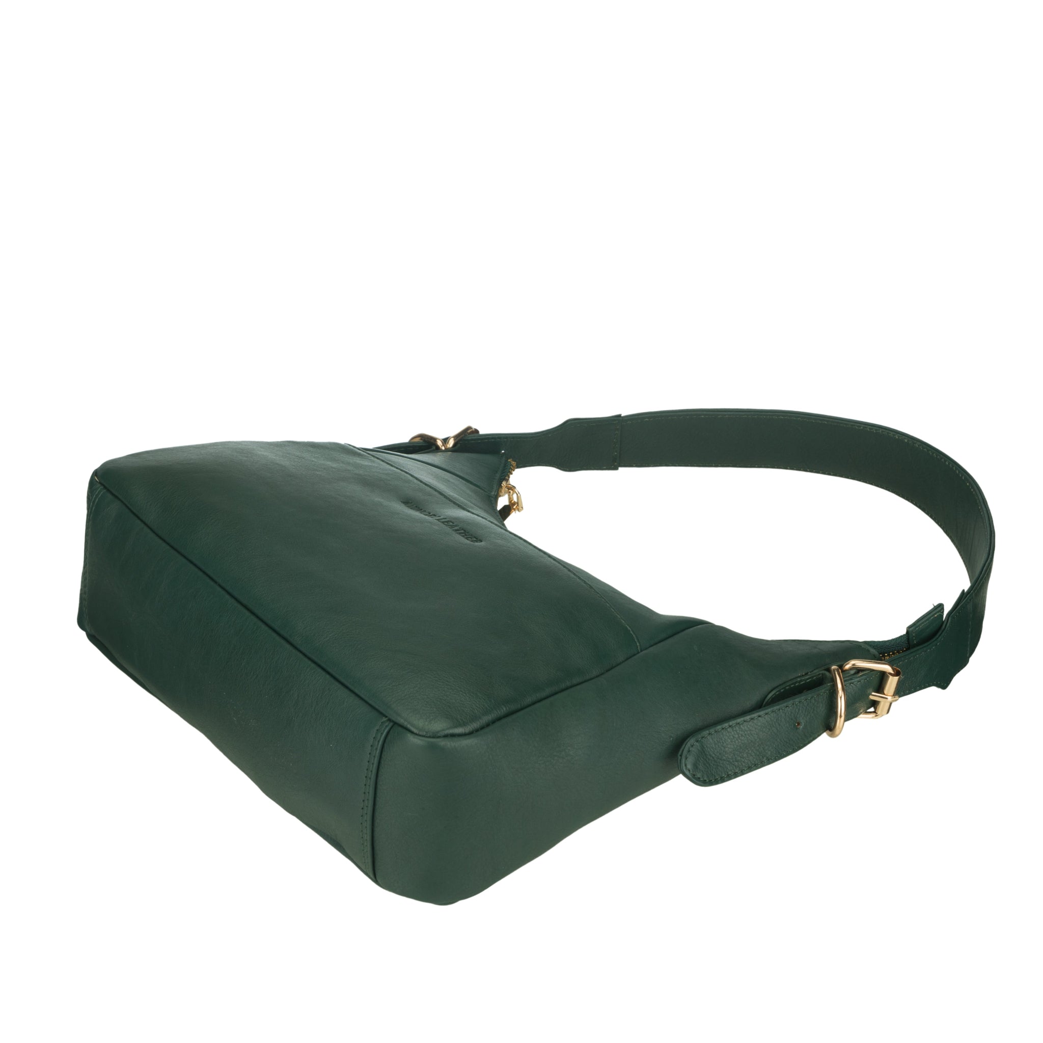 Bottom view of a Forest green Minori leather shoulder bag highlighting its flat base and side buckle.