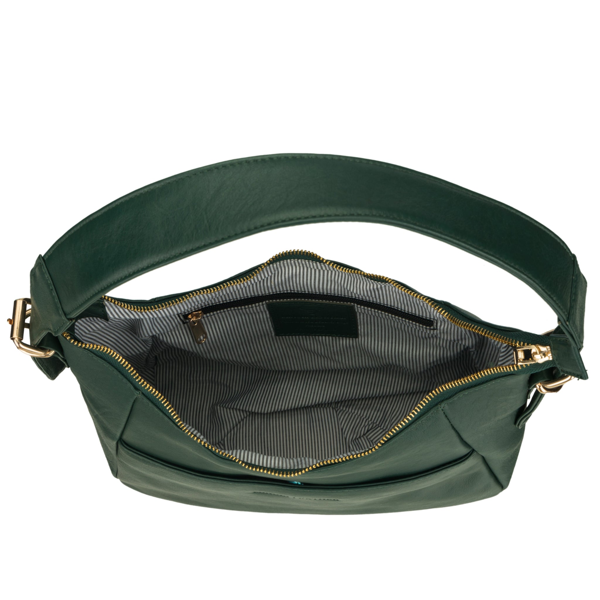 Interior view of a Forest Green nappa leather bag featuring a striped fabric lining and zip pocket.