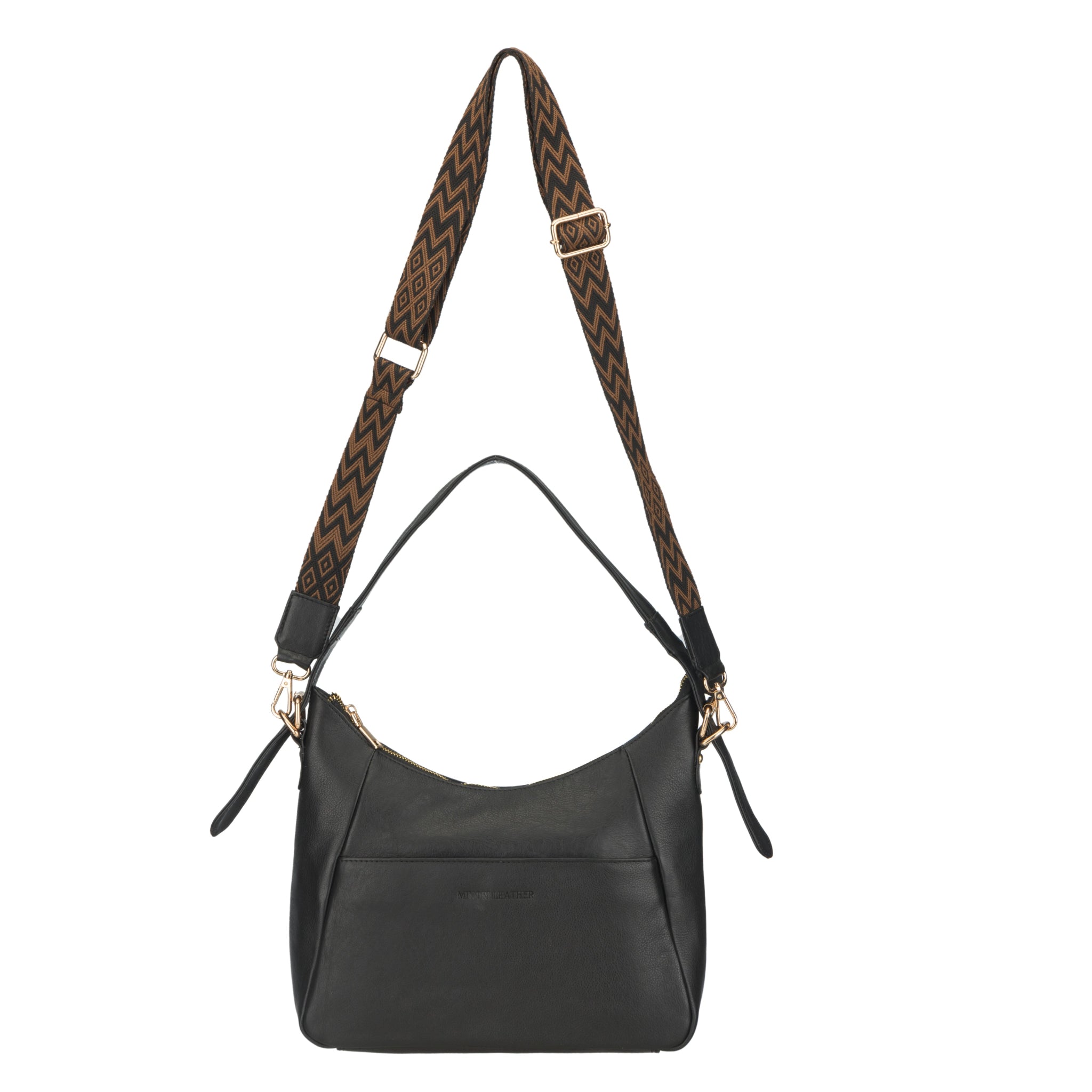 Black Nappa Minori leather shoulder bag with patterned adjustable strap, displayed upright.