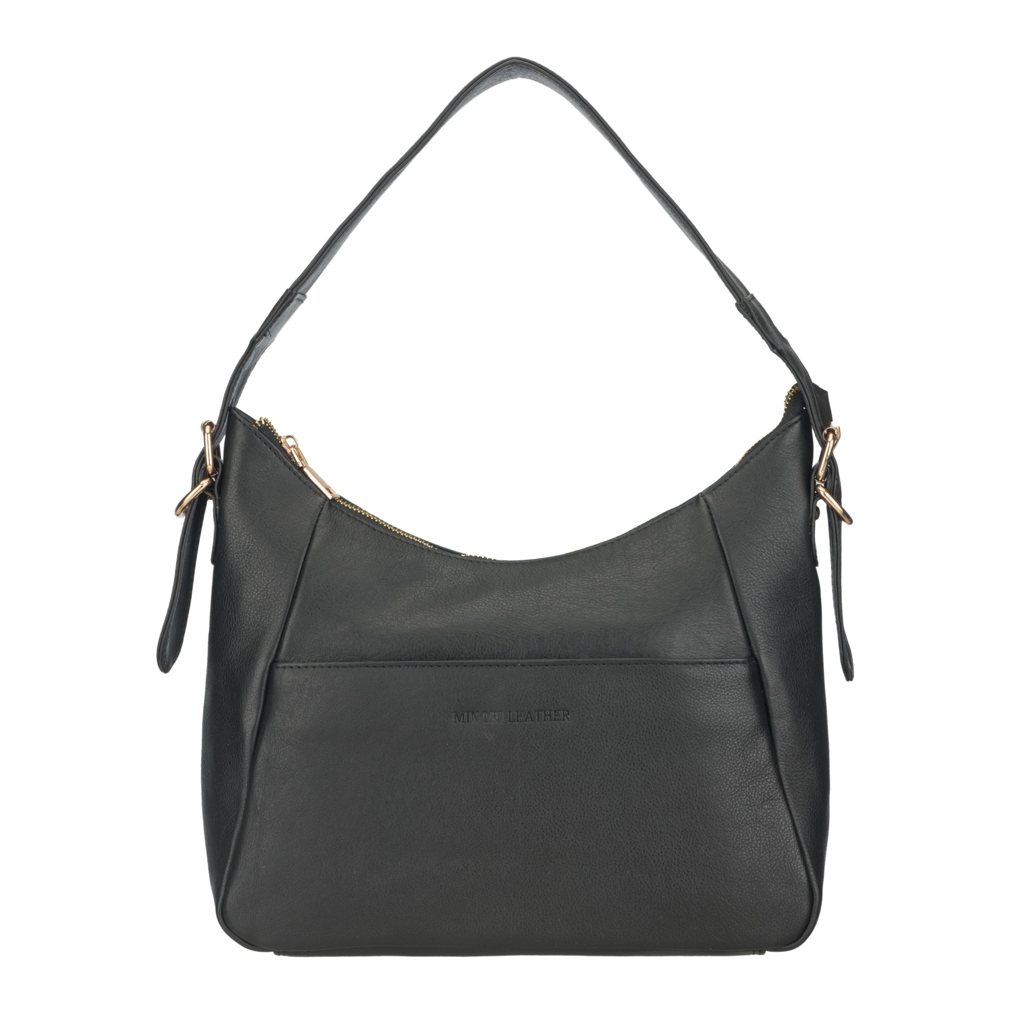 Front view of a Black nappa Minori leather shoulder bag with gold-tone zipper and smooth finish.