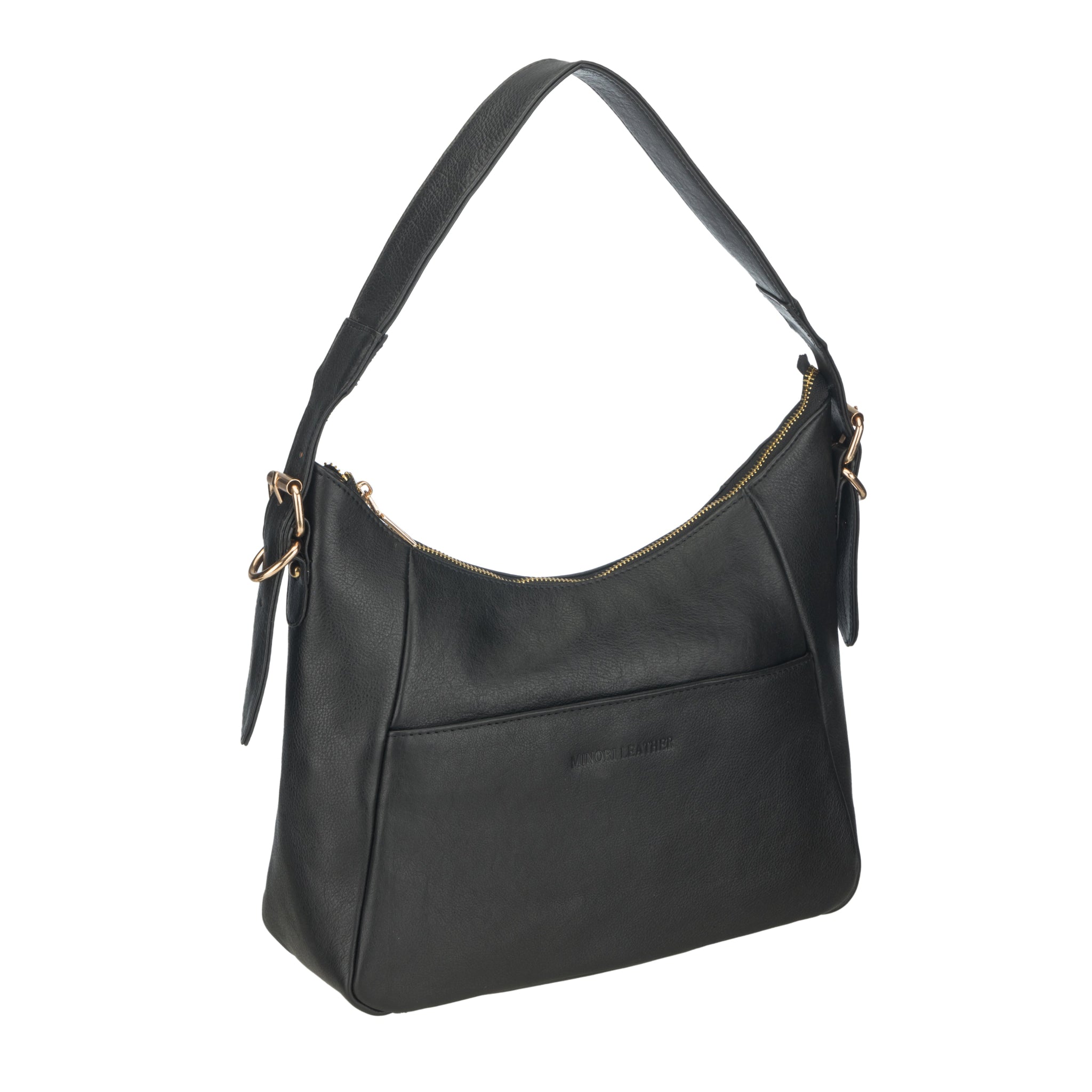 Angled side view of a black nappa Minori leather shoulder bag showing its structured silhouette.