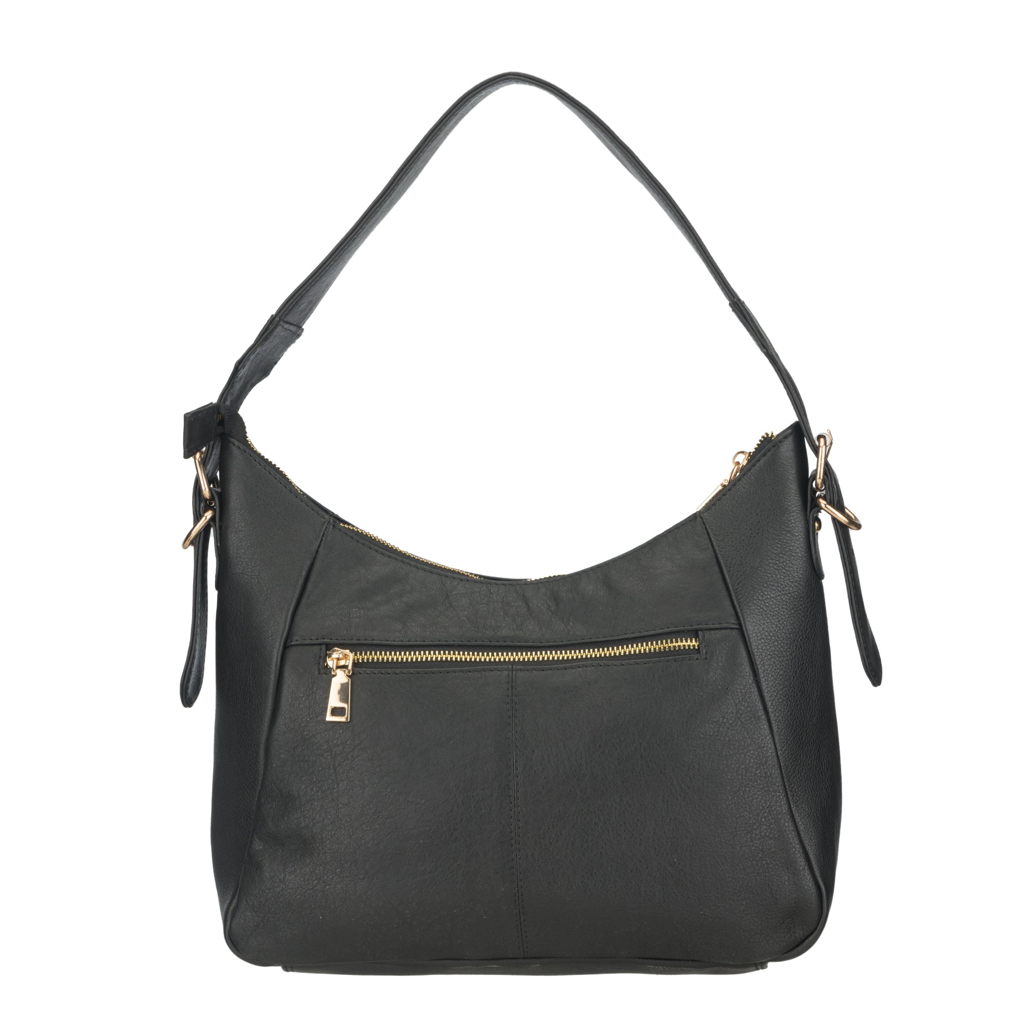 Back view of the Black Nappa Minori leather bag with a gold-tone zippered pocket.