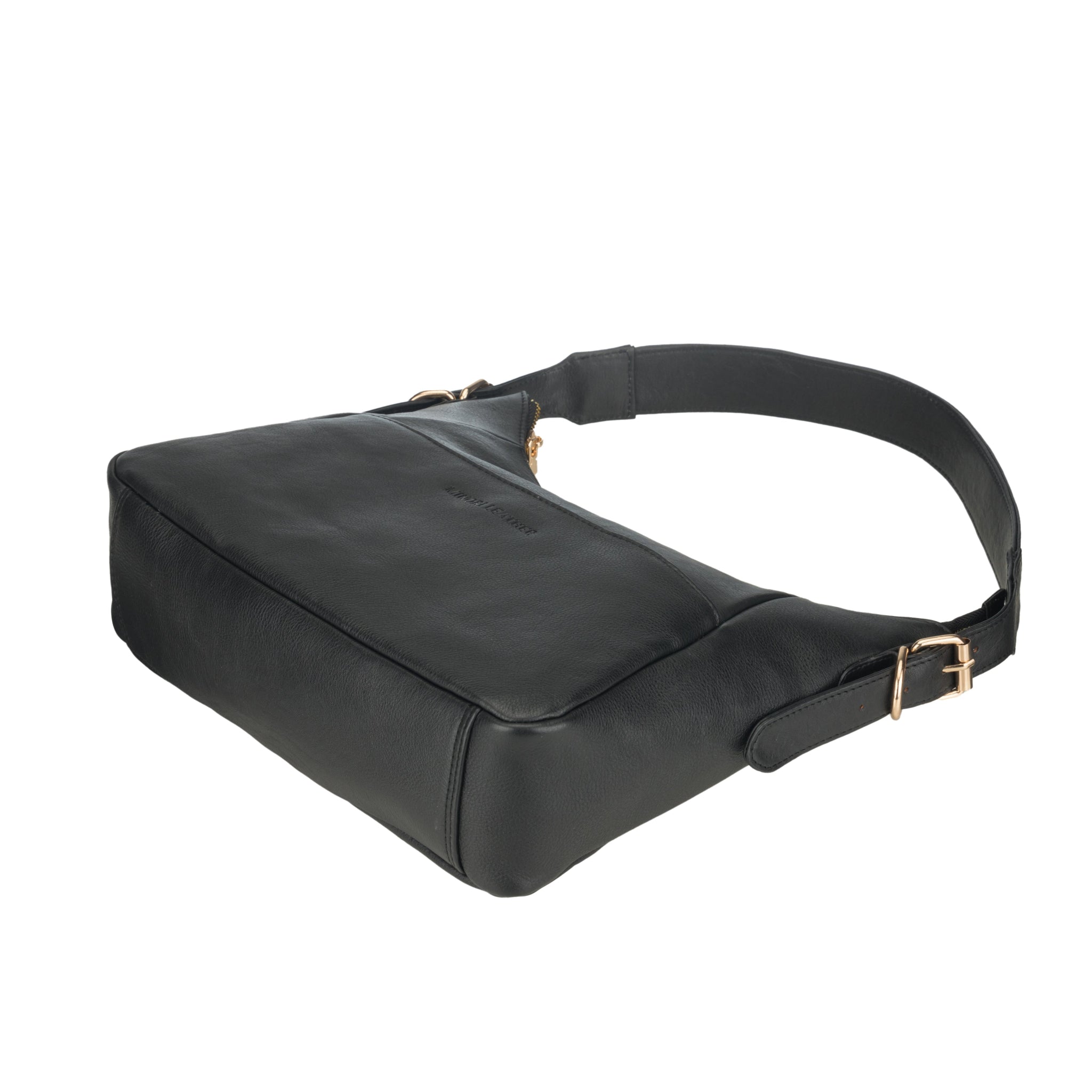Bottom view of a Black Minori leather shoulder bag highlighting its flat base and side buckle.