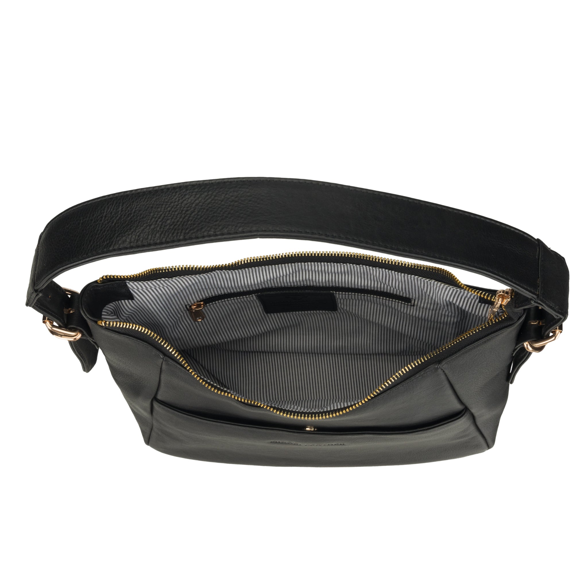Interior view of a black Nappa Minori leather bag featuring a striped fabric lining and zip pocket.
