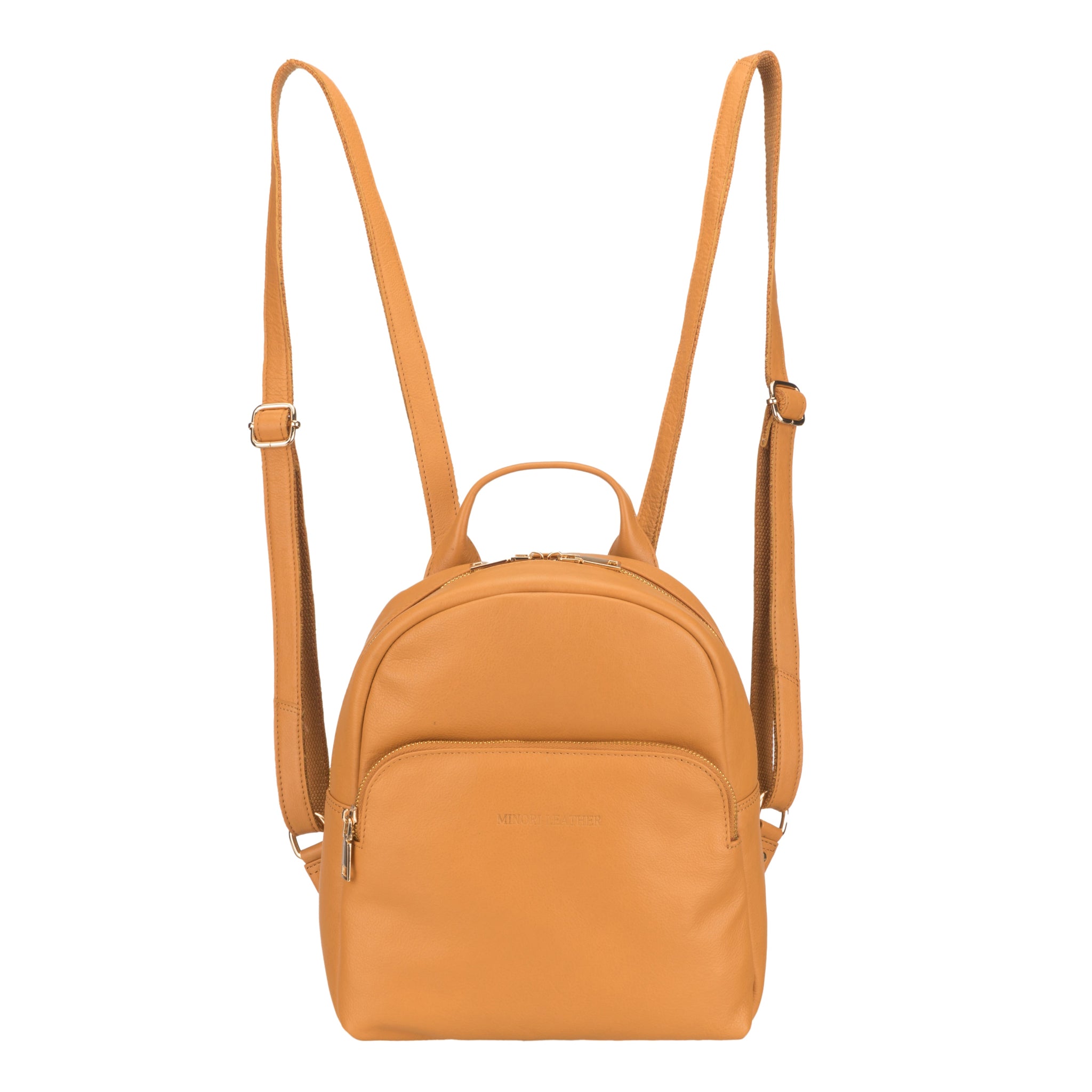 Tan backpack Minori Leather with straps on a white background