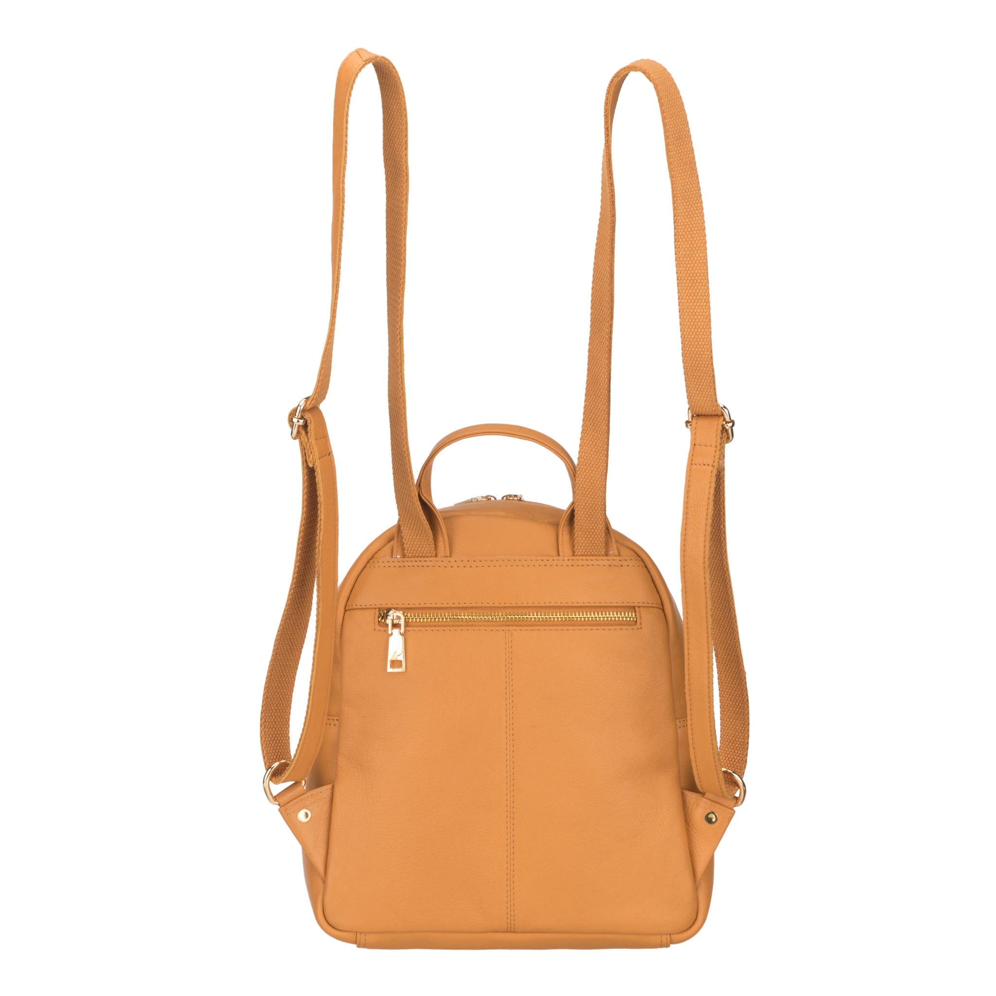 Back view of Tan Minori Leather backpack on a white background