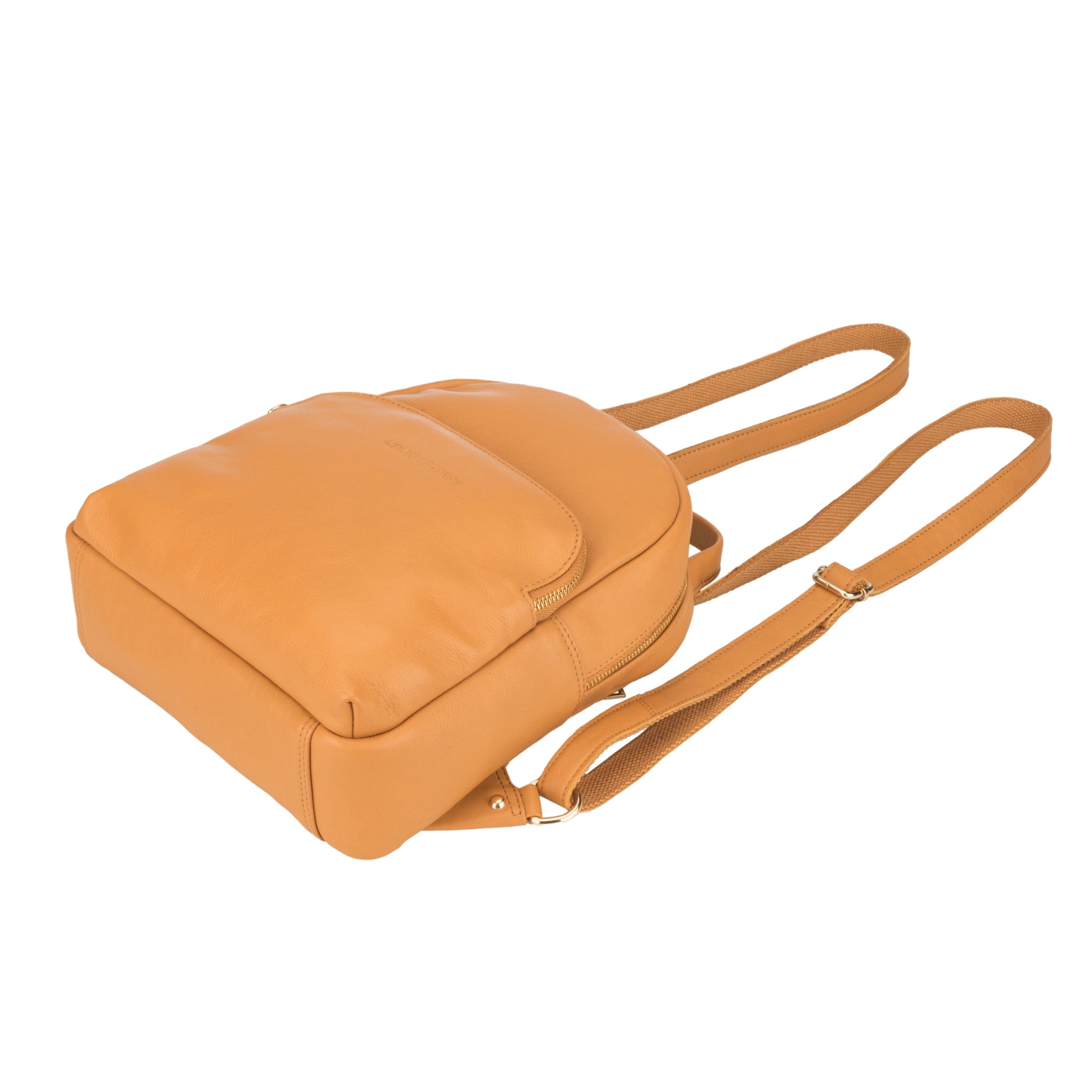 Flat lay view of Tan Minori leather backpack on a white background