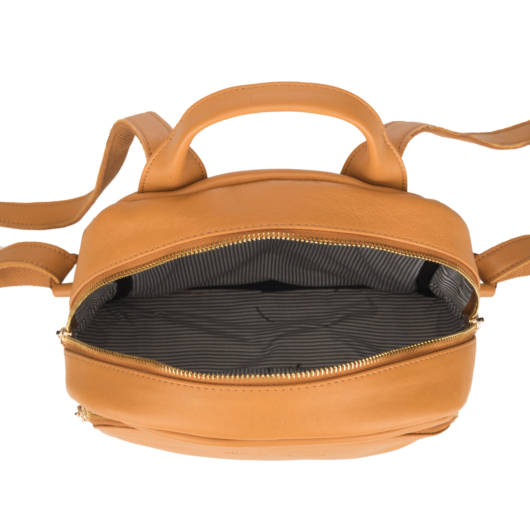Tan Minori leather handbag with a visible interior on a white background