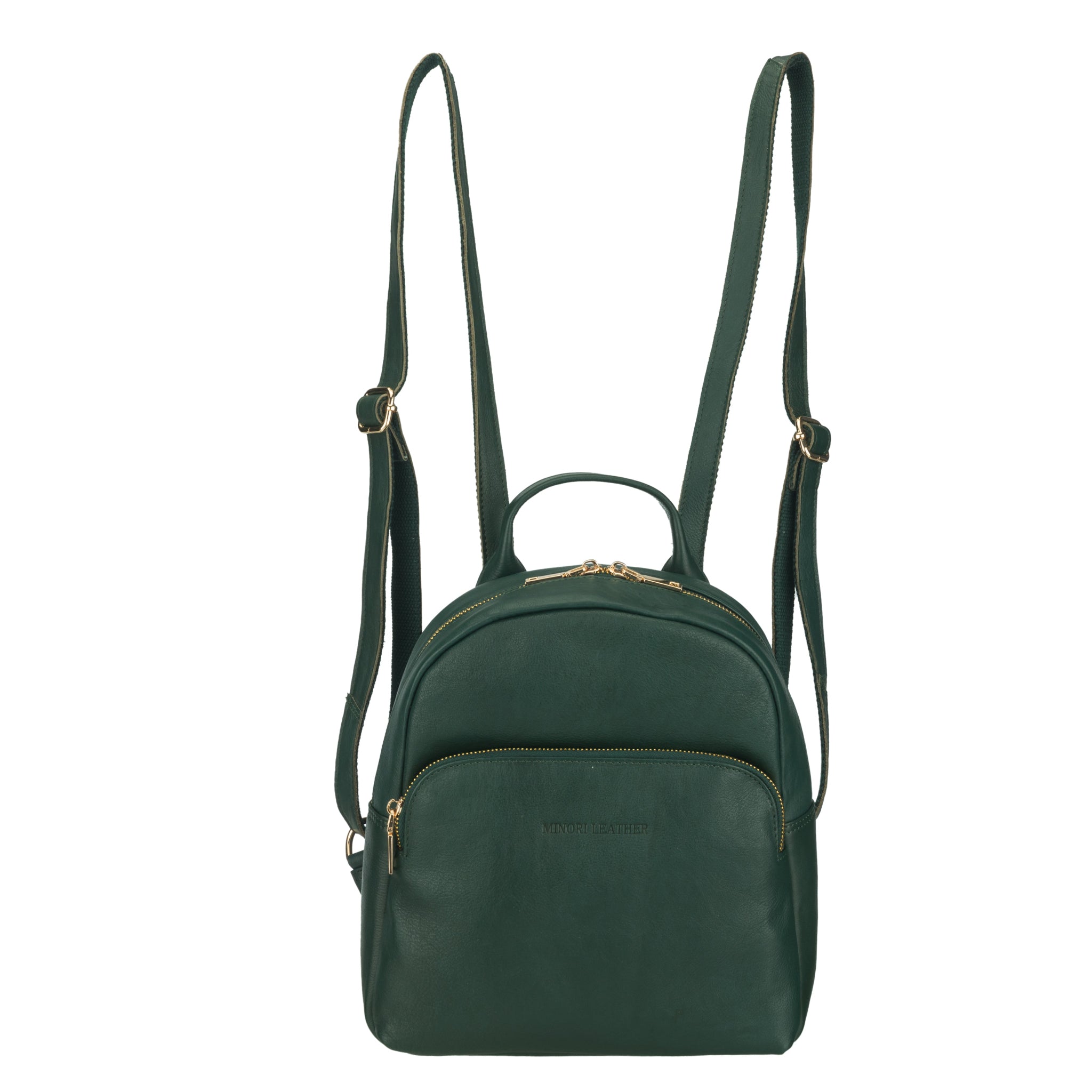 Forest Green Minori leather backpack on a white background showing straps.