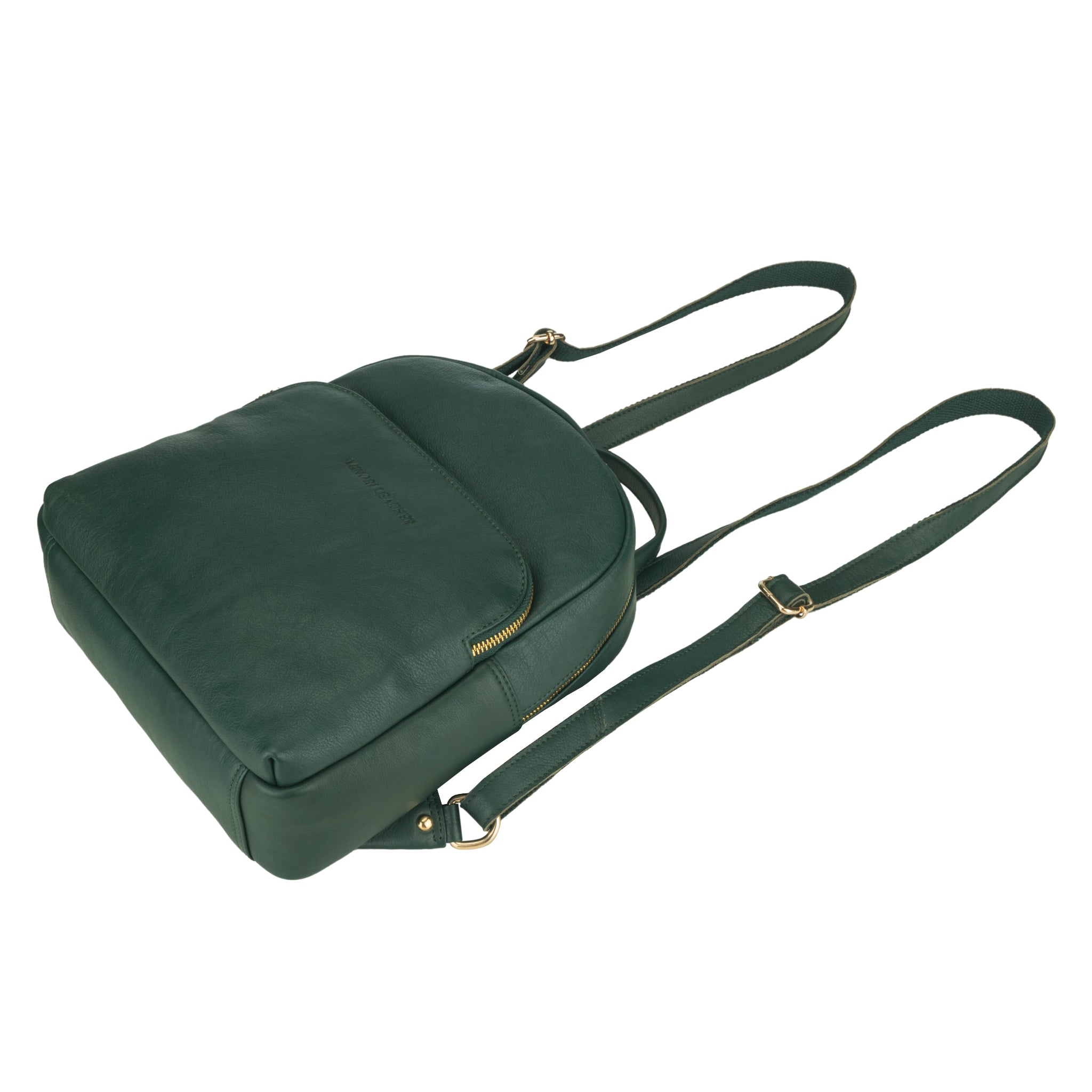 Flat lay view of Forest Green Minori leather backpack with a strap on a white background