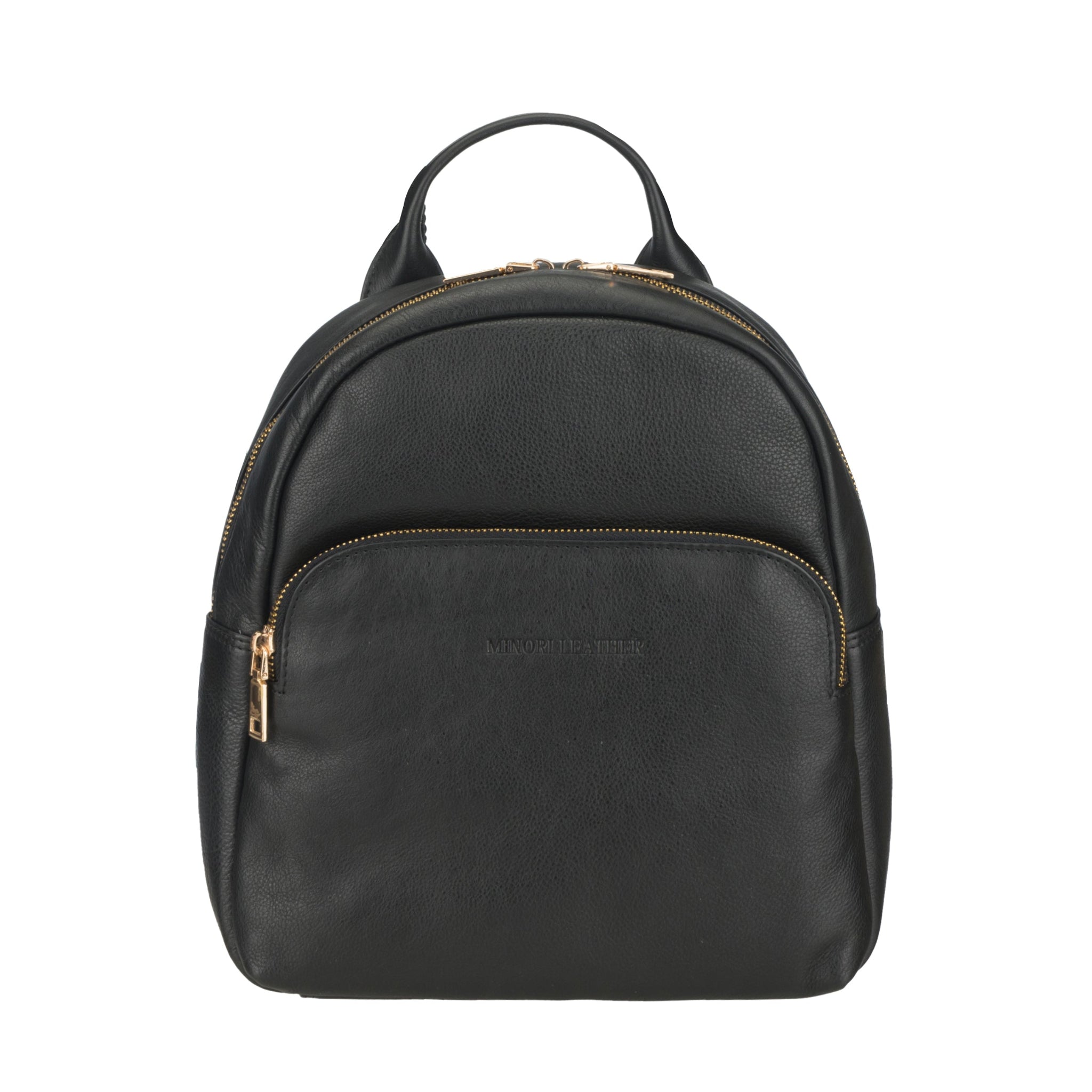 Black Minori leather backpack with gold zippers on a white background