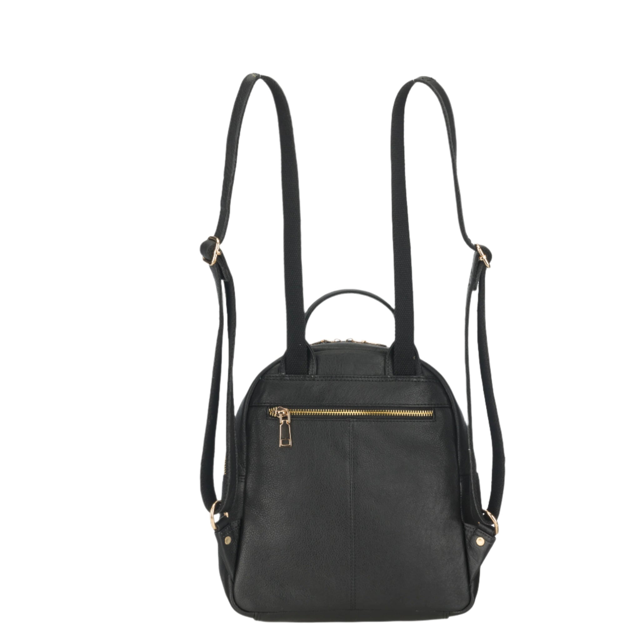 Back view of Black Minori leather backpack with gold zipper on a white background
