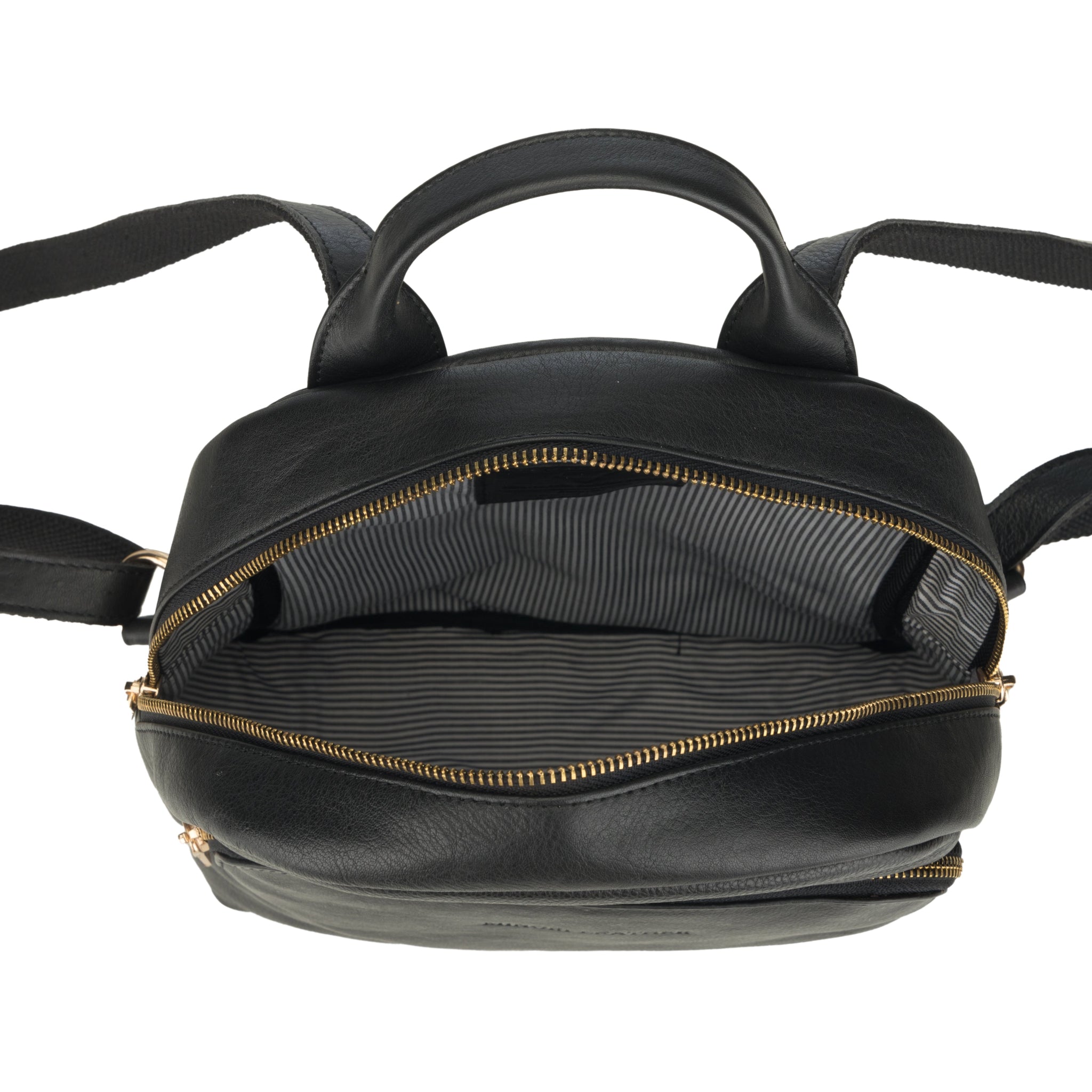 Open view of Black Minori leather bag with gold zipper on a white background