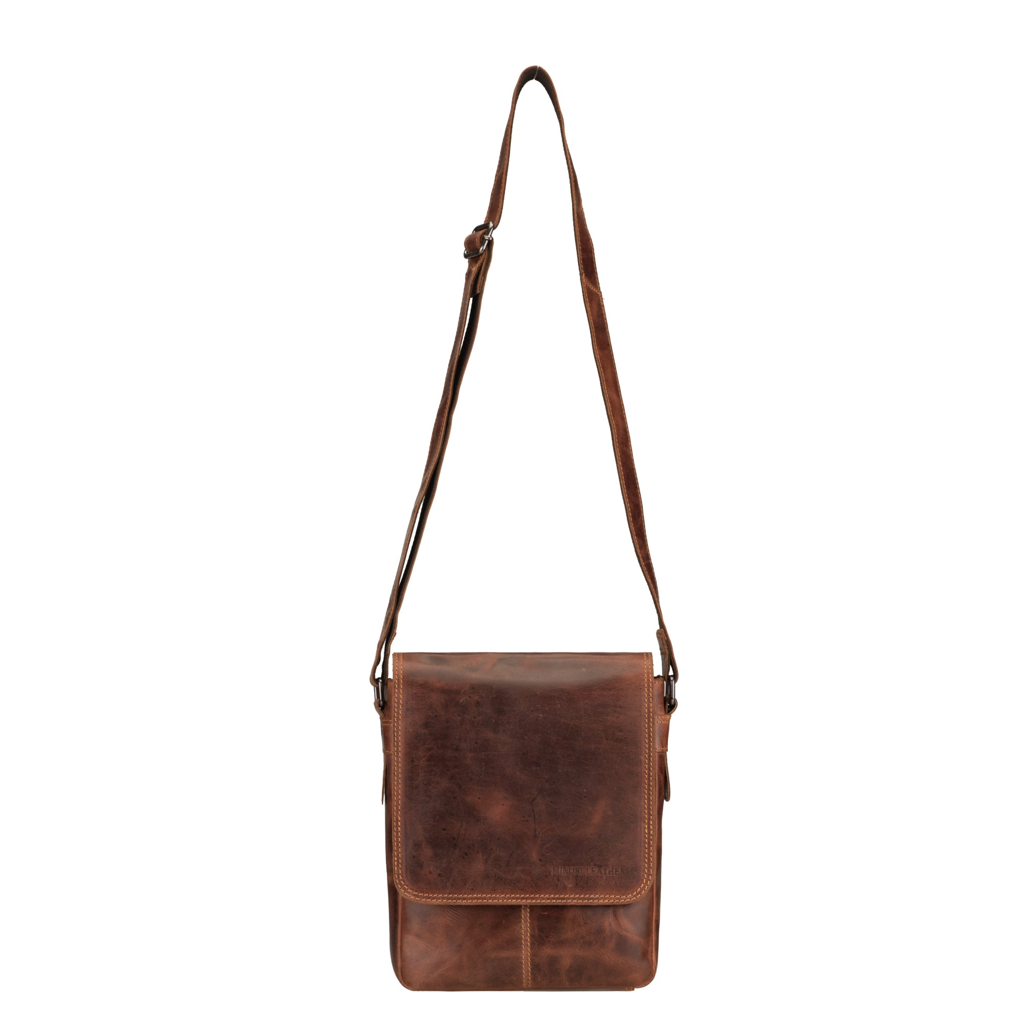 Brown Minori leather crossbody bag on a white background