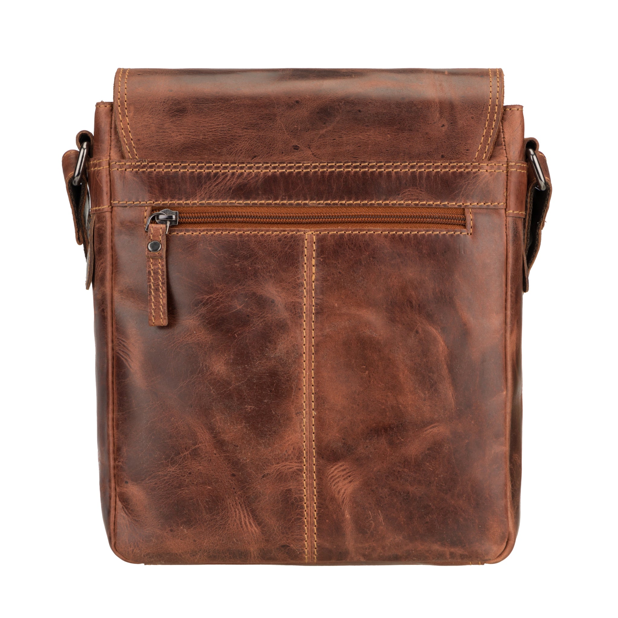 Back view of Brown Minori leather messenger bag on a white background
