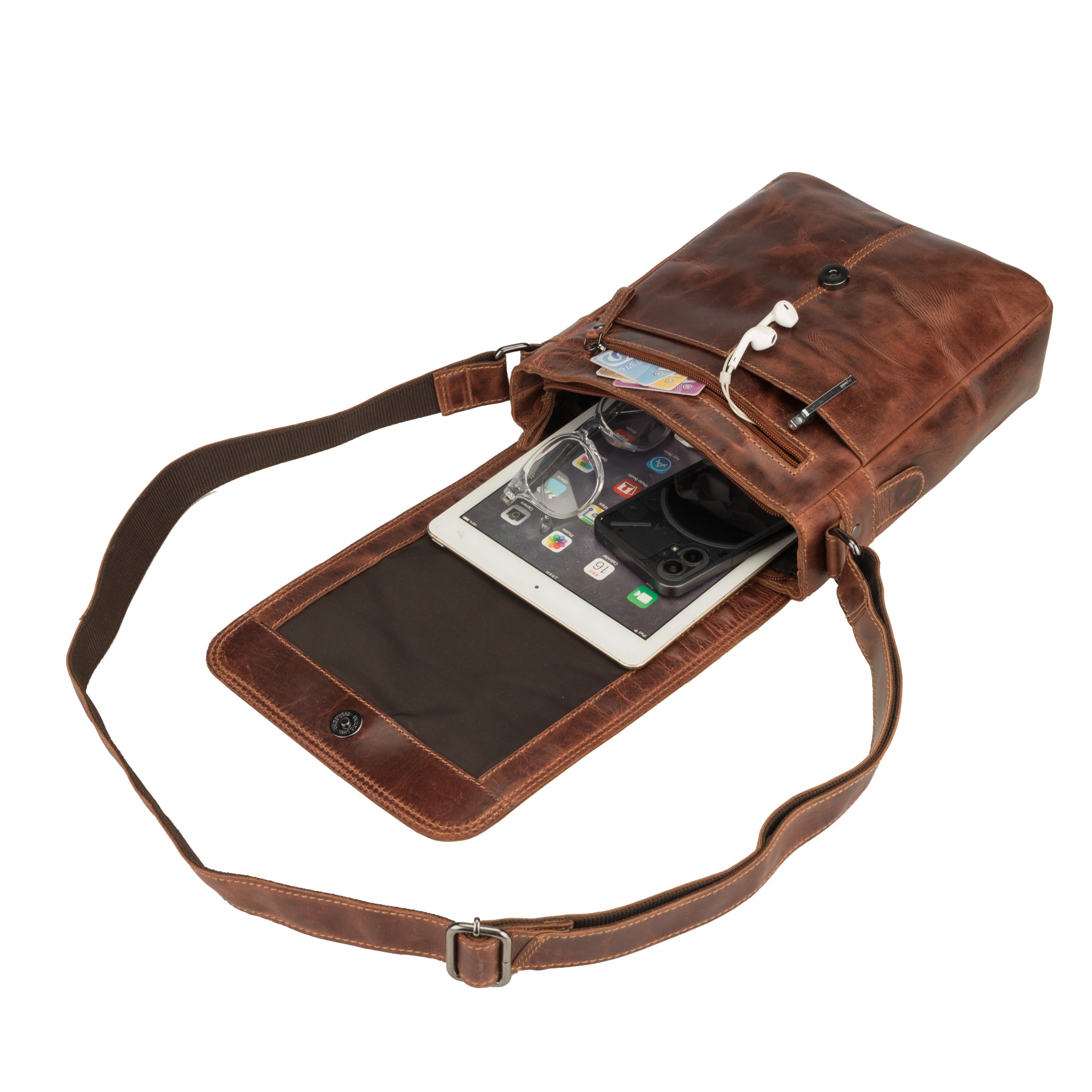Brown Minori leather crossbody bag with phone pocket on a white background