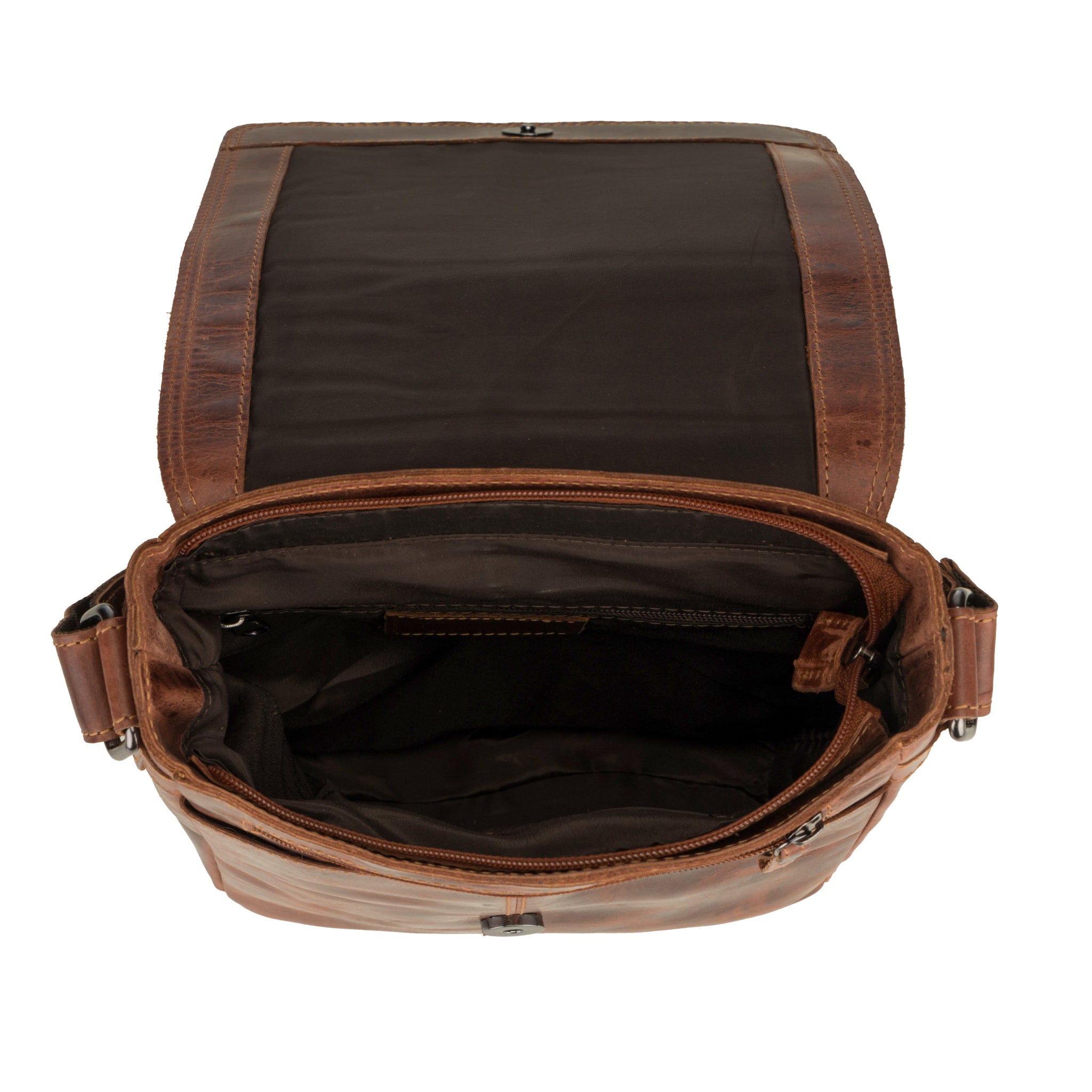 Brown Minori leather bag with open front compartment on a white background