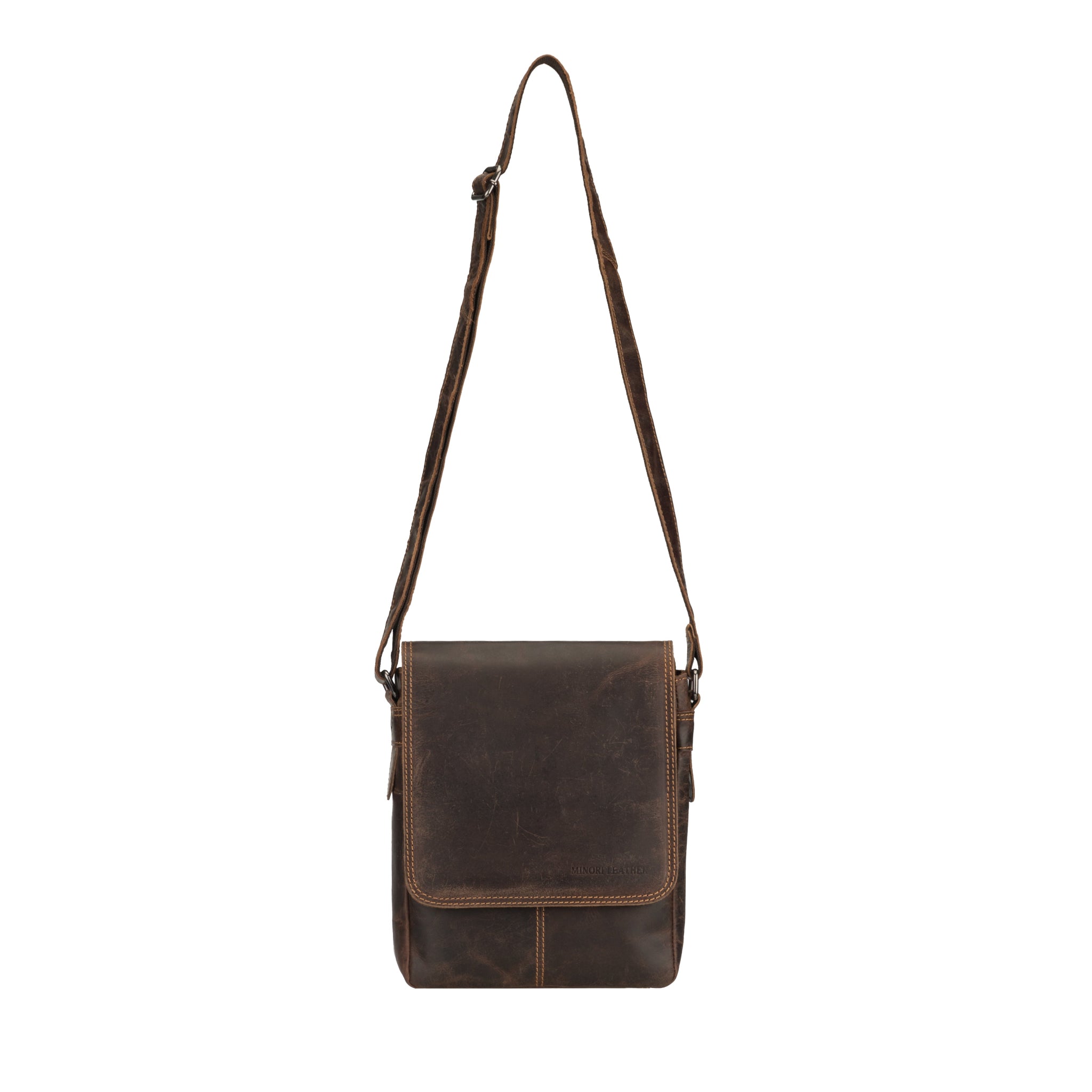 Brown Minori leather crossbody bag on a white background