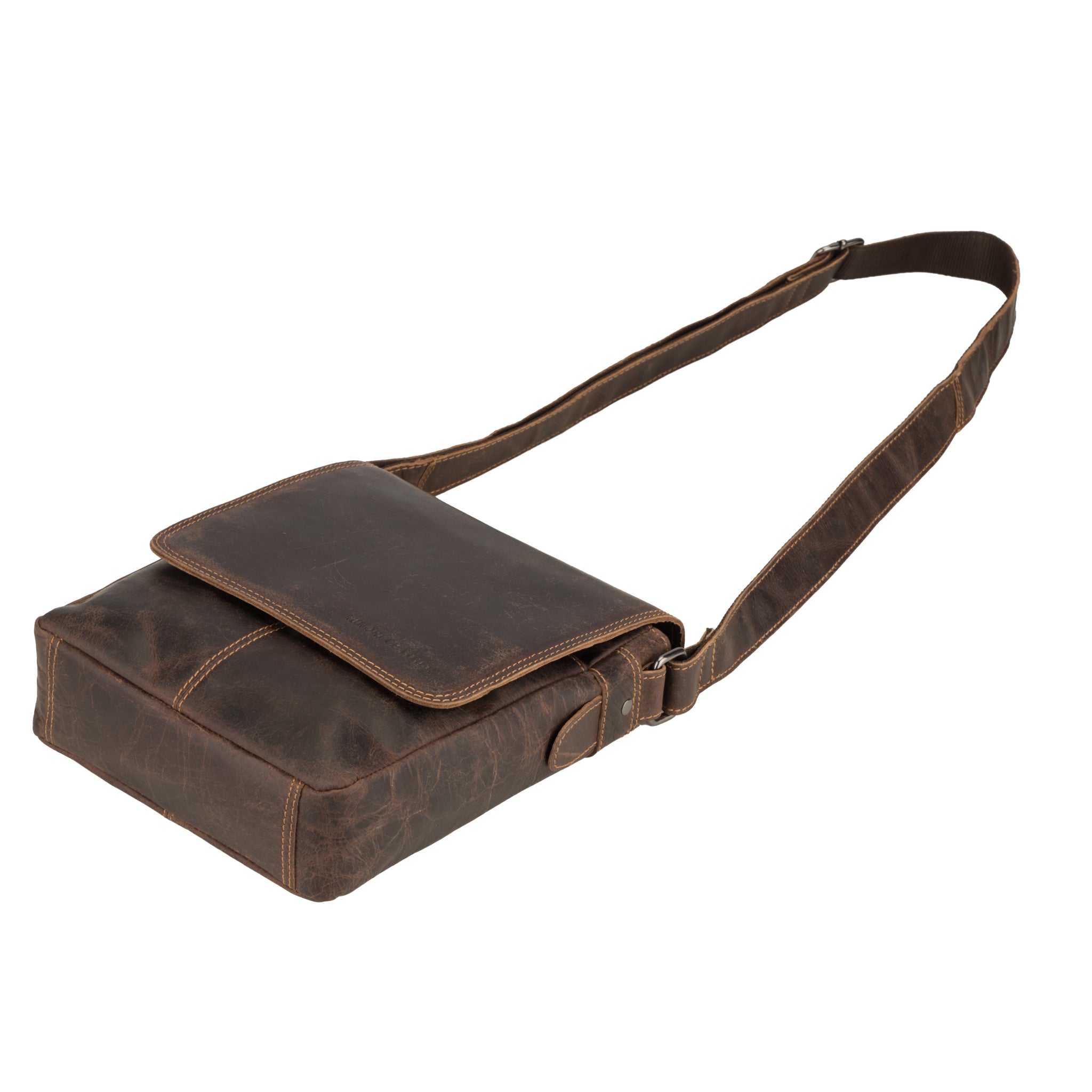 Flat lay view of Brown Minori leather shoulder bag on a white background