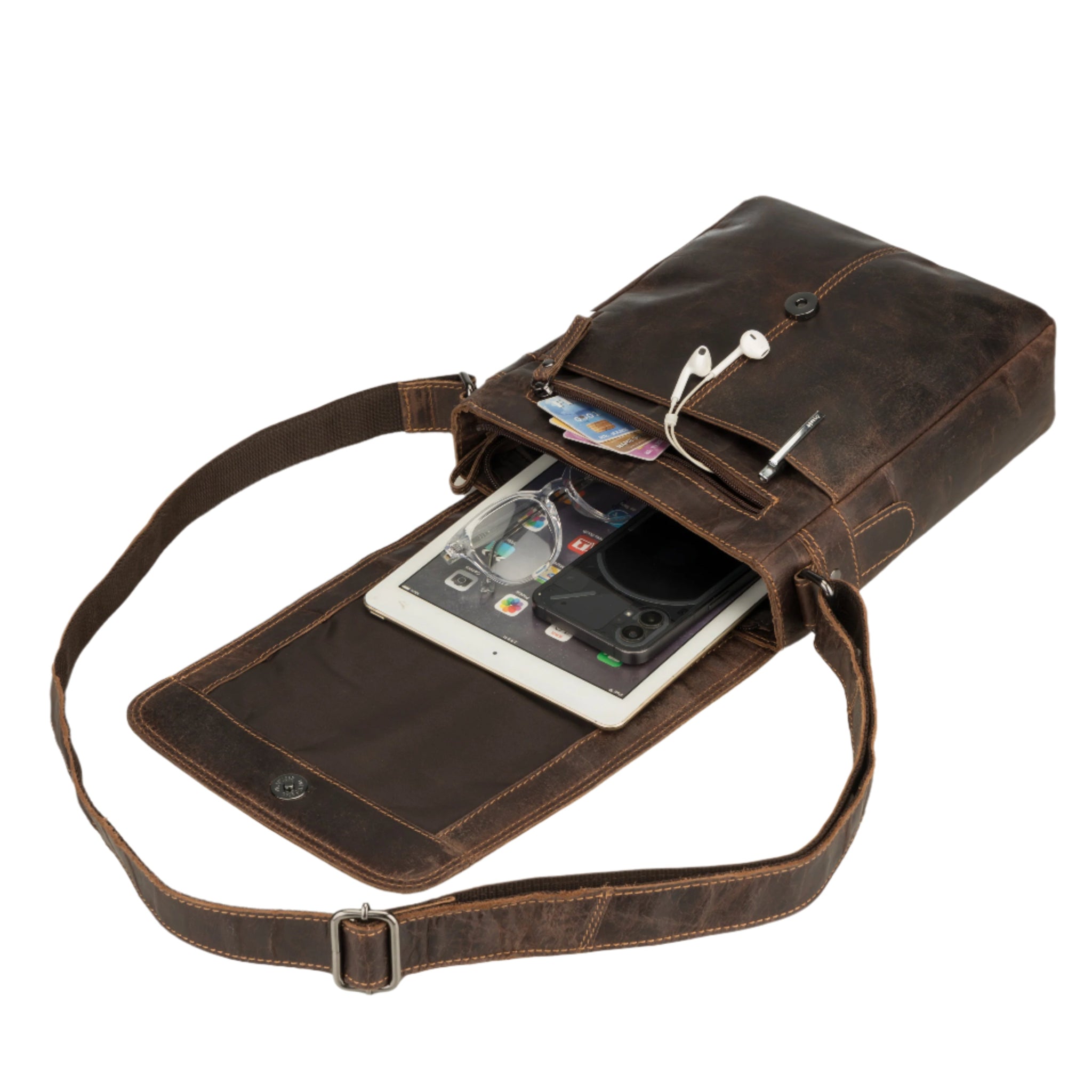 Brown Minori leather Bag with a phone and cards inside on a white background