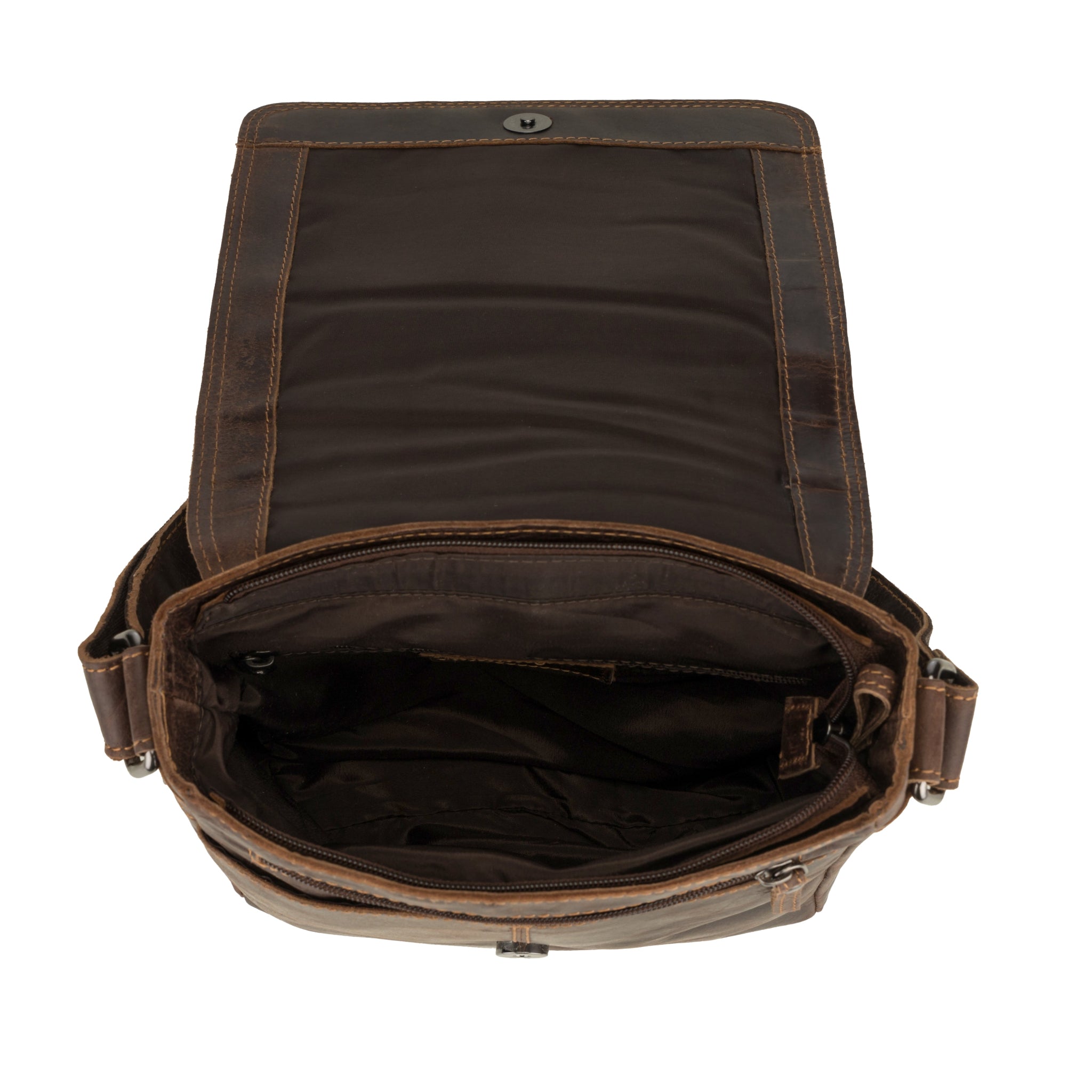 Open view of Brown Minori leather bag with visible stitching on a white background