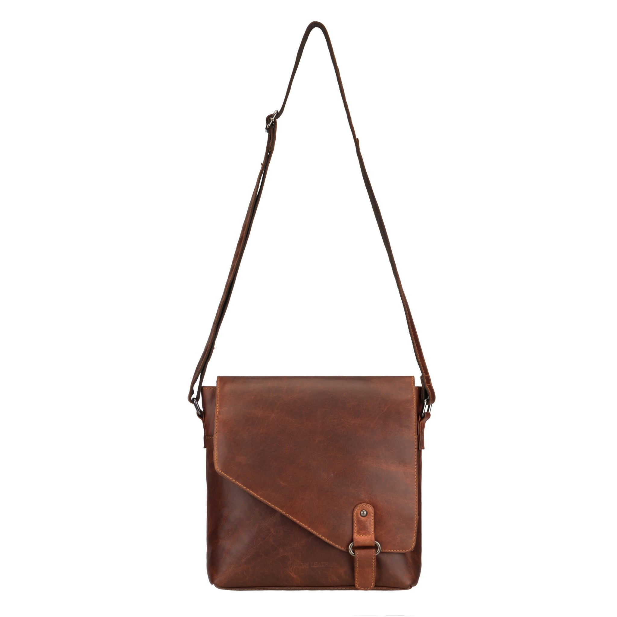 A full view of a brown Minori leather crossbody bag with an adjustable shoulder strap and unique angled flap design