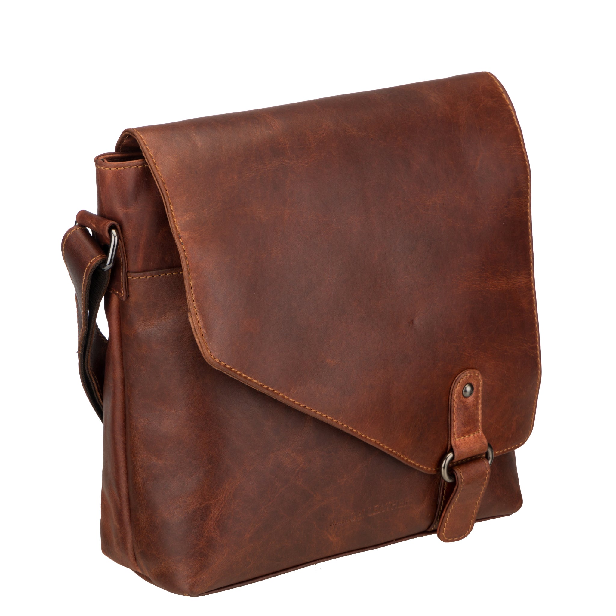 Angled side view of the brown Minori leather crossbody bag highlighting the depth and craftsmanship of the bag.
