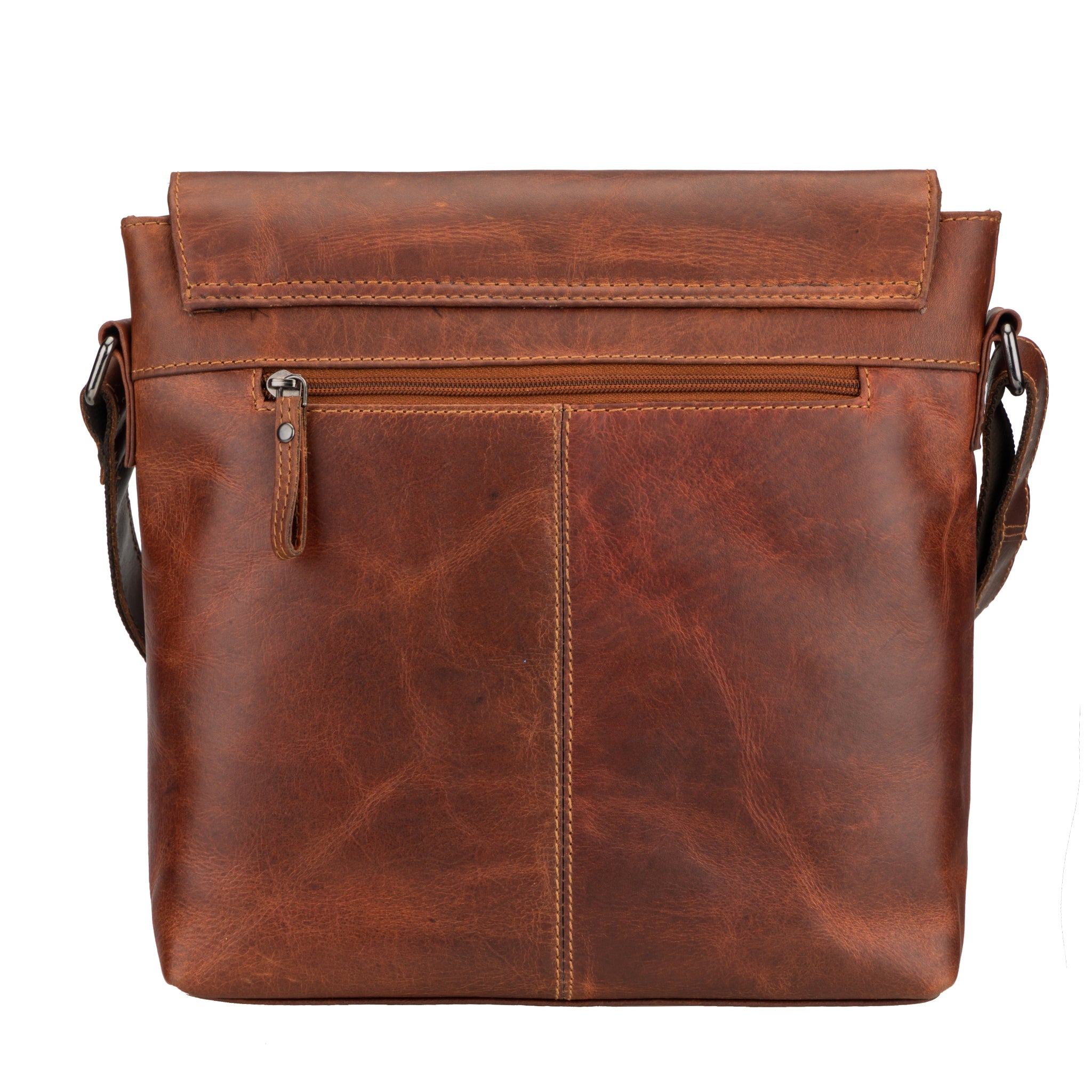 Back view of the Minori Leather brown crossbody bag showing a horizontal zipper pocket and clean stitch detailing.
