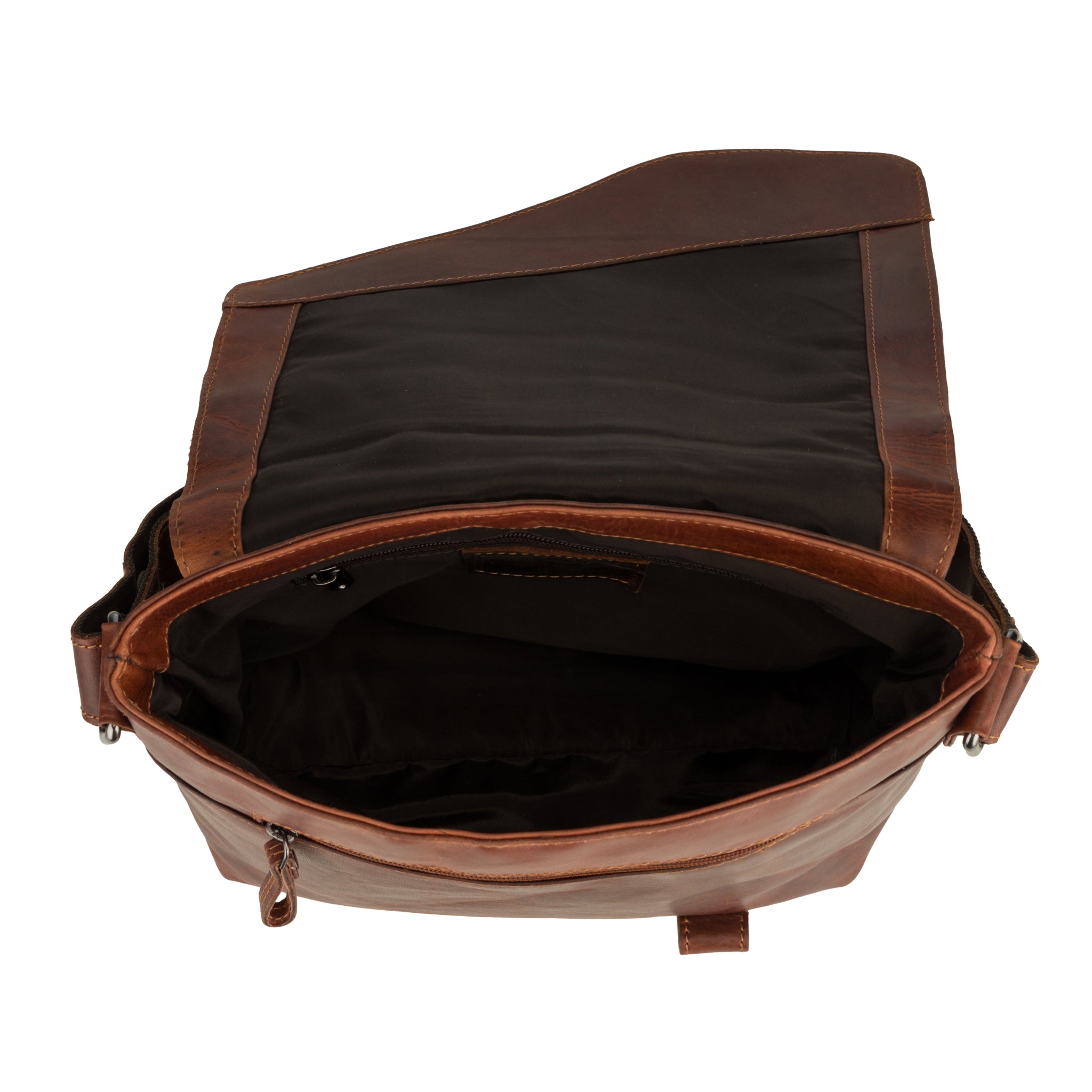 A top-down interior view of the Minori leather bag showing the fabric lining and internal compartments.